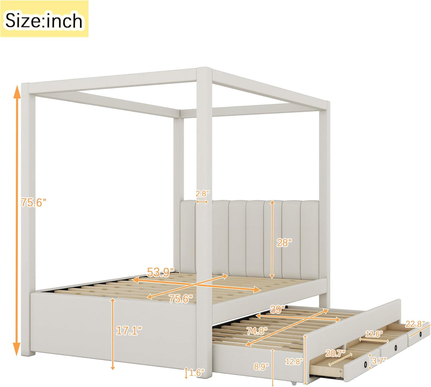 Merax Full Size Upholstery Canopy Platform Bed with Trundle and Three Storage Drawers