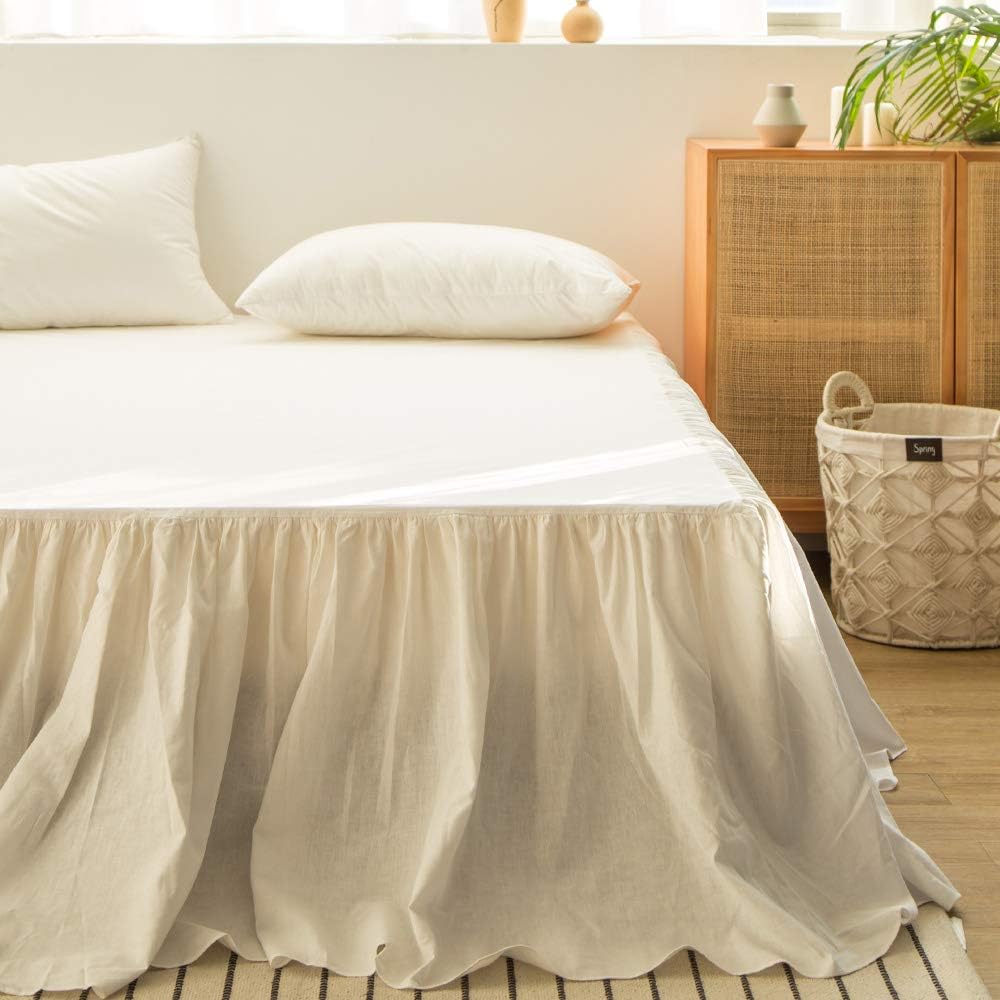 Simple&Opulence Belgian Linen Bed Skirt with Classic 14 inch Tailored Drop Dust Ruffle, Easy Fit Breathable Premium Natural Flax- Pleated White, Queen