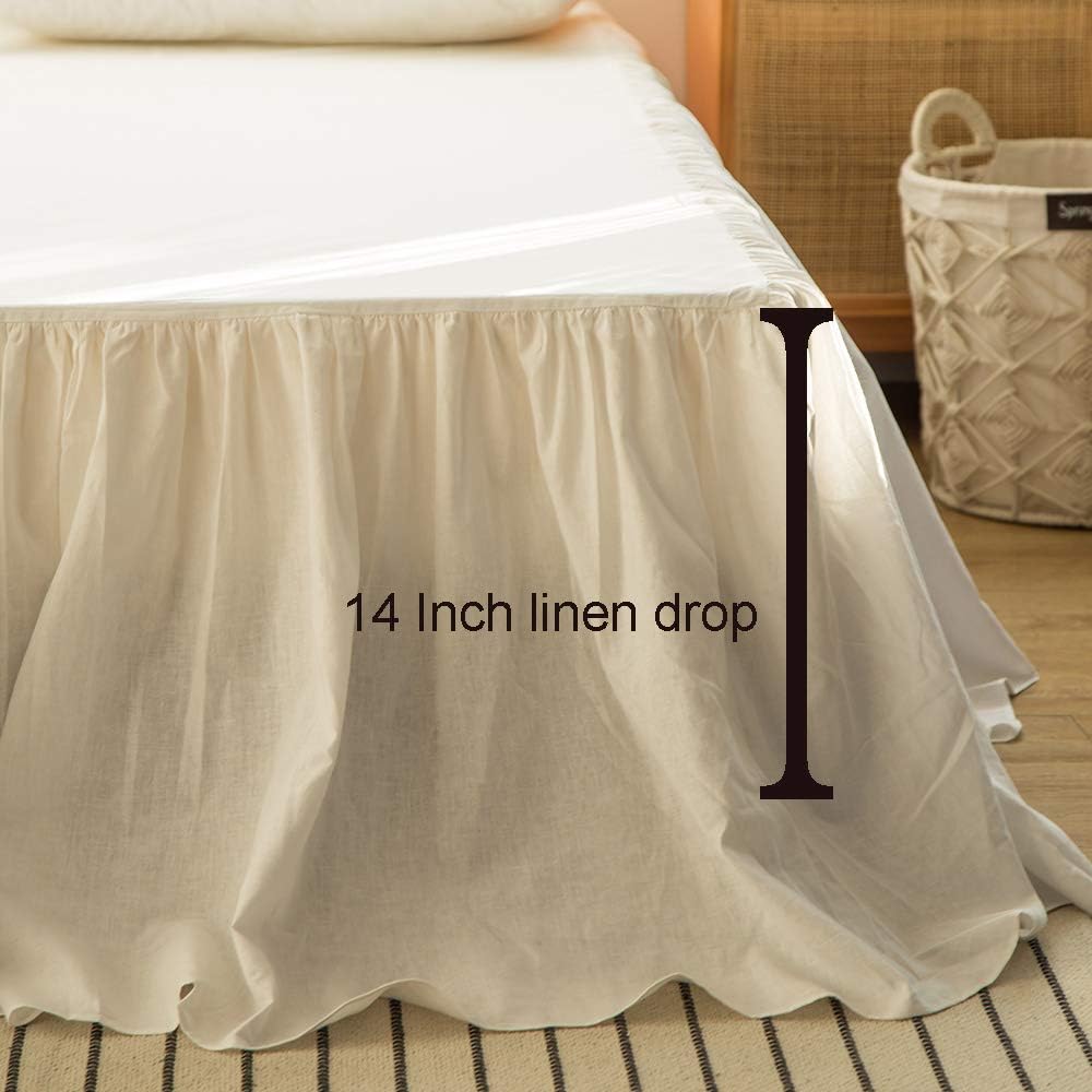 Simple&Opulence Belgian Linen Bed Skirt with Classic 14 inch Tailored Drop Dust Ruffle, Easy Fit Breathable Premium Natural Flax- Pleated White, Queen