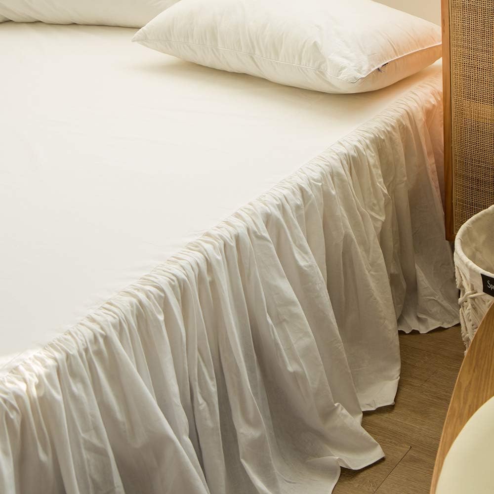 Simple&Opulence Belgian Linen Bed Skirt with Classic 14 inch Tailored Drop Dust Ruffle, Easy Fit Breathable Premium Natural Flax- Pleated White, Queen