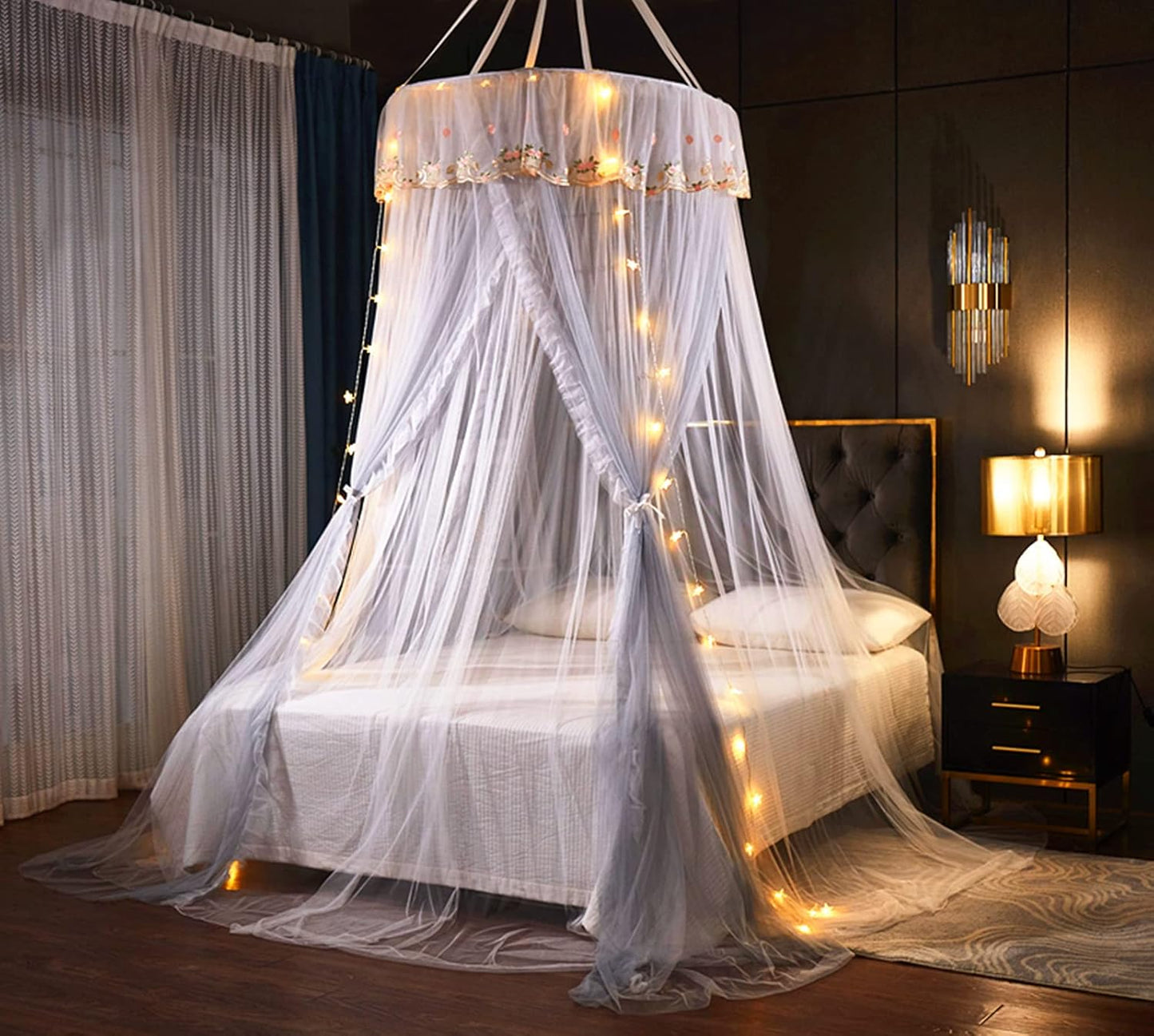 VETHIN Bed Canopy Princess for Girls,Bed Canopy Curtain Double Layer Sheer Mesh Dome Bed Curtain- Round Lace Princess Mosquito Net Tent for Twin Full Queen King Bed(Pink/White)
