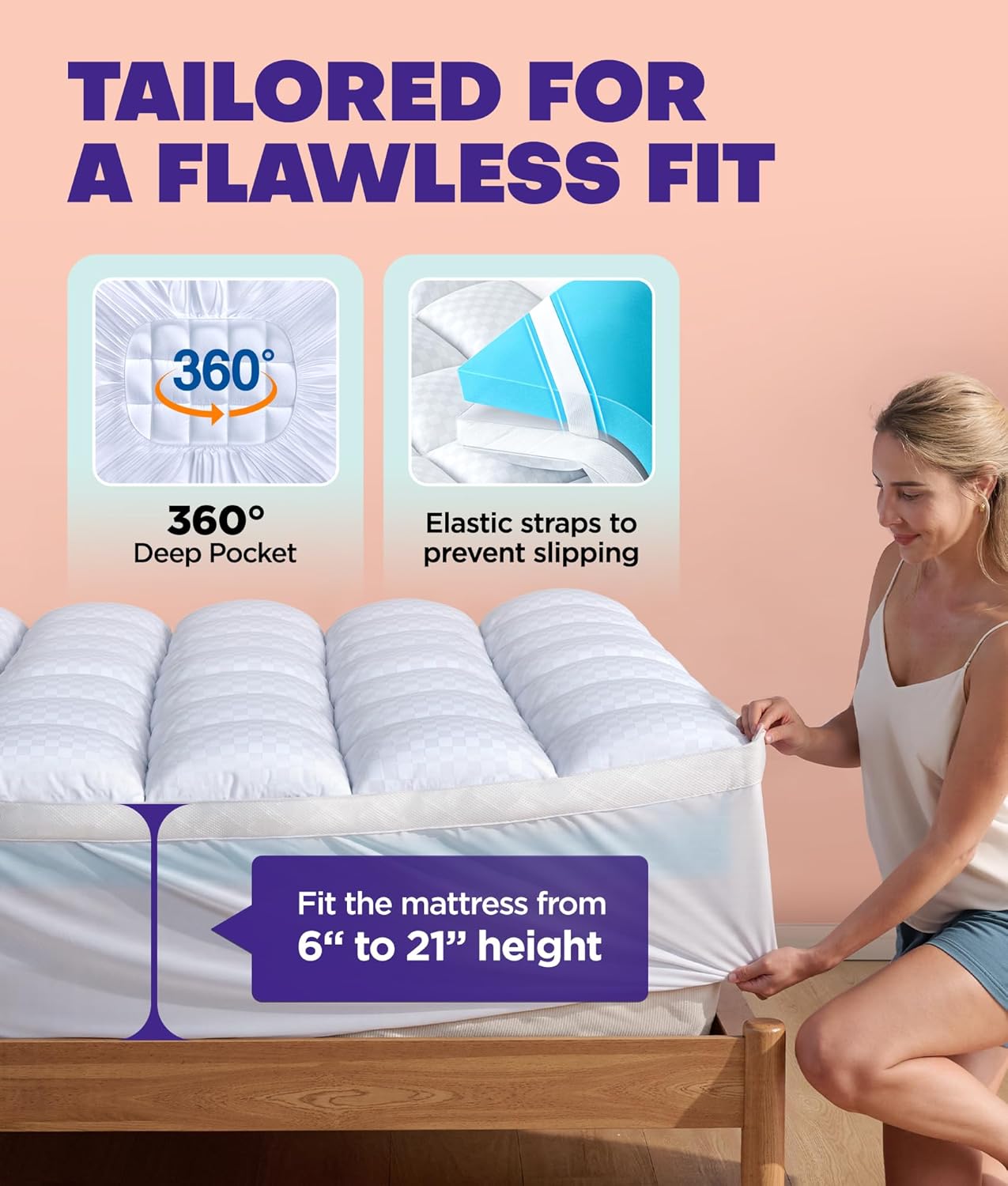 Dual Layer 4 Inch Memory Foam Mattress Topper for Pressure Relief with 4X Support, 2" Pillow Top Queen Mattress Topper 50% Viscose Made from Bamboo Plus 2" Cooling Gel Memory Foam Comfort Mattress Pad