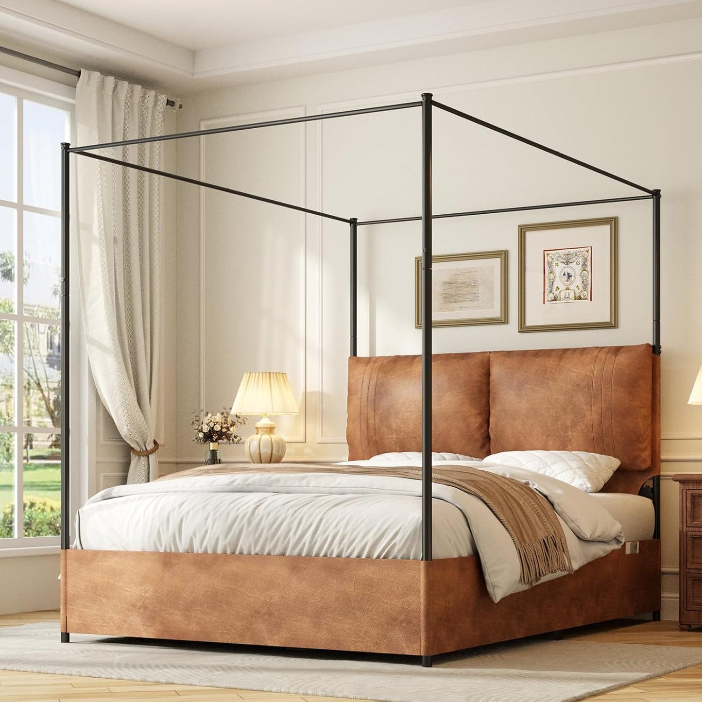 Modern Canopy Bed Frame with Upholstered Faux Leather Headboard – Tall Four Poster Metal Platform Bed, No Box Spring Needed, King Size, Brown and Black