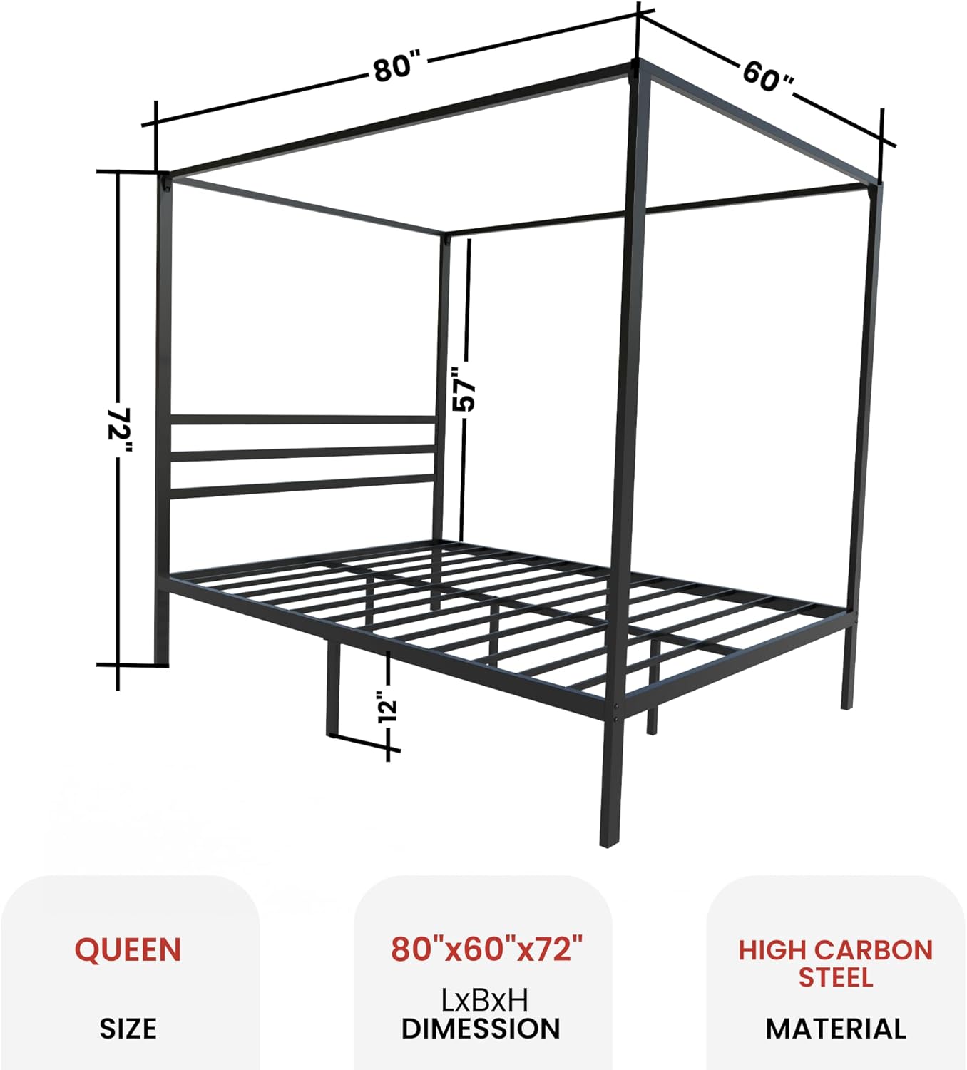 Golden Gate Beds Canopy Bed Frame with Four Poster Design, Strong Metal Slats and Built-in Headboard, Fits Drapes or Curtains, No Box Spring Needed, Girls or Teen Princess Style, Black, Queen Size
