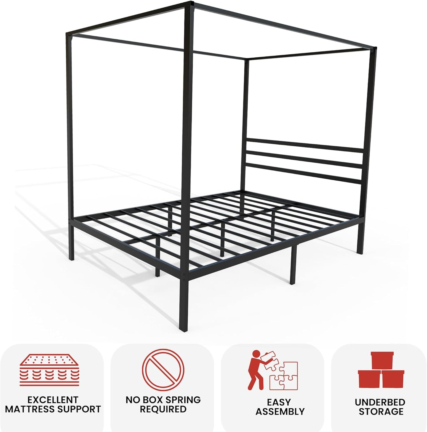 Golden Gate Beds Canopy Bed Frame with Four Poster Design, Strong Metal Slats and Built-in Headboard, Fits Drapes or Curtains, No Box Spring Needed, Girls or Teen Princess Style, Black, Queen Size