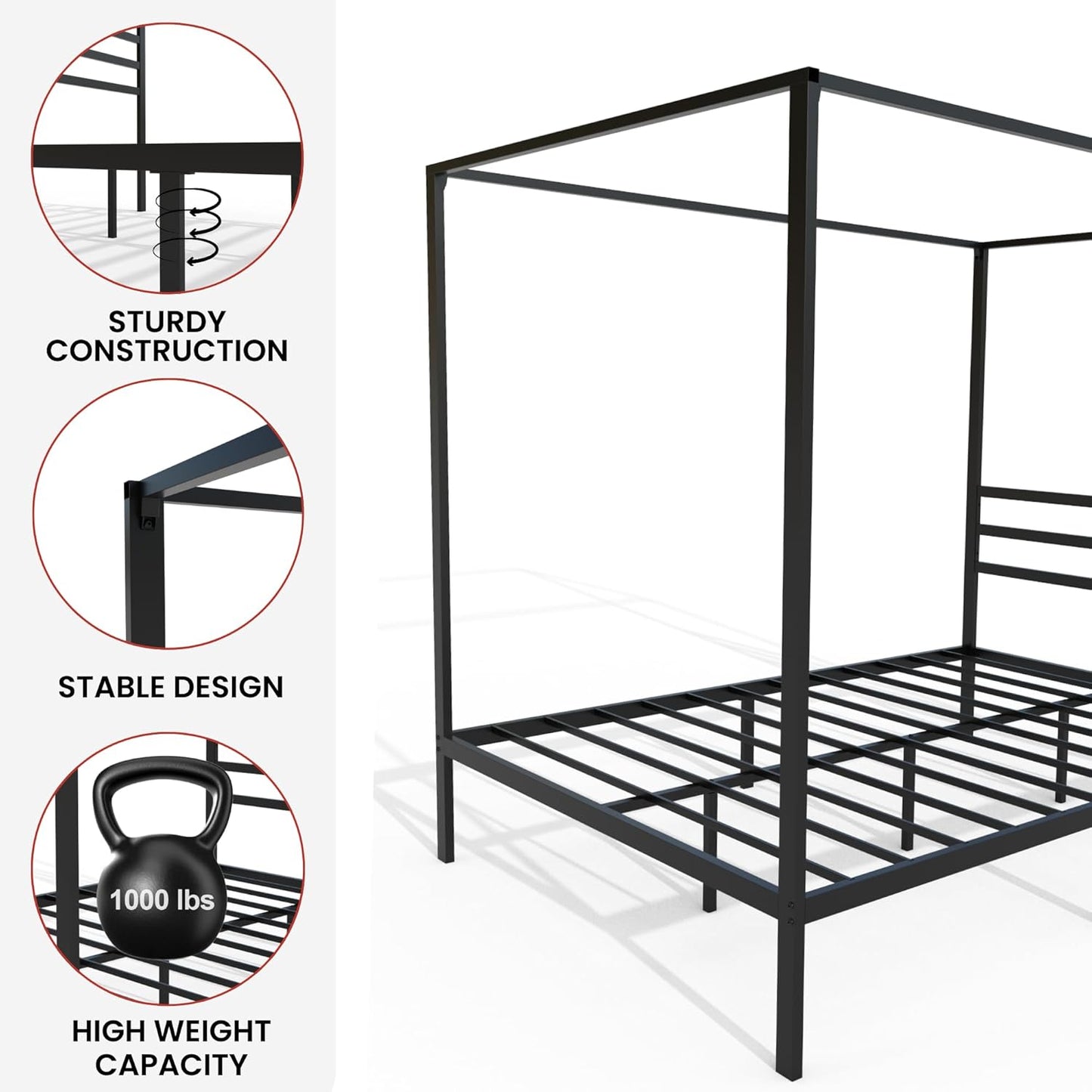 Golden Gate Beds Canopy Bed Frame with Four Poster Design, Strong Metal Slats and Built-in Headboard, Fits Drapes or Curtains, No Box Spring Needed, Girls or Teen Princess Style, Black, Queen Size