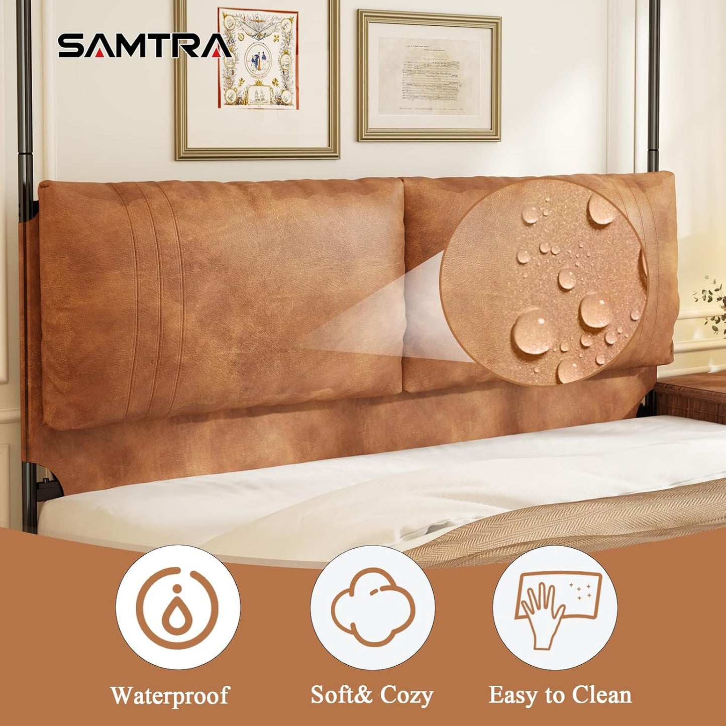 Modern Canopy Bed Frame with Upholstered Faux Leather Headboard – Tall Four Poster Metal Platform Bed, No Box Spring Needed, King Size, Brown and Black