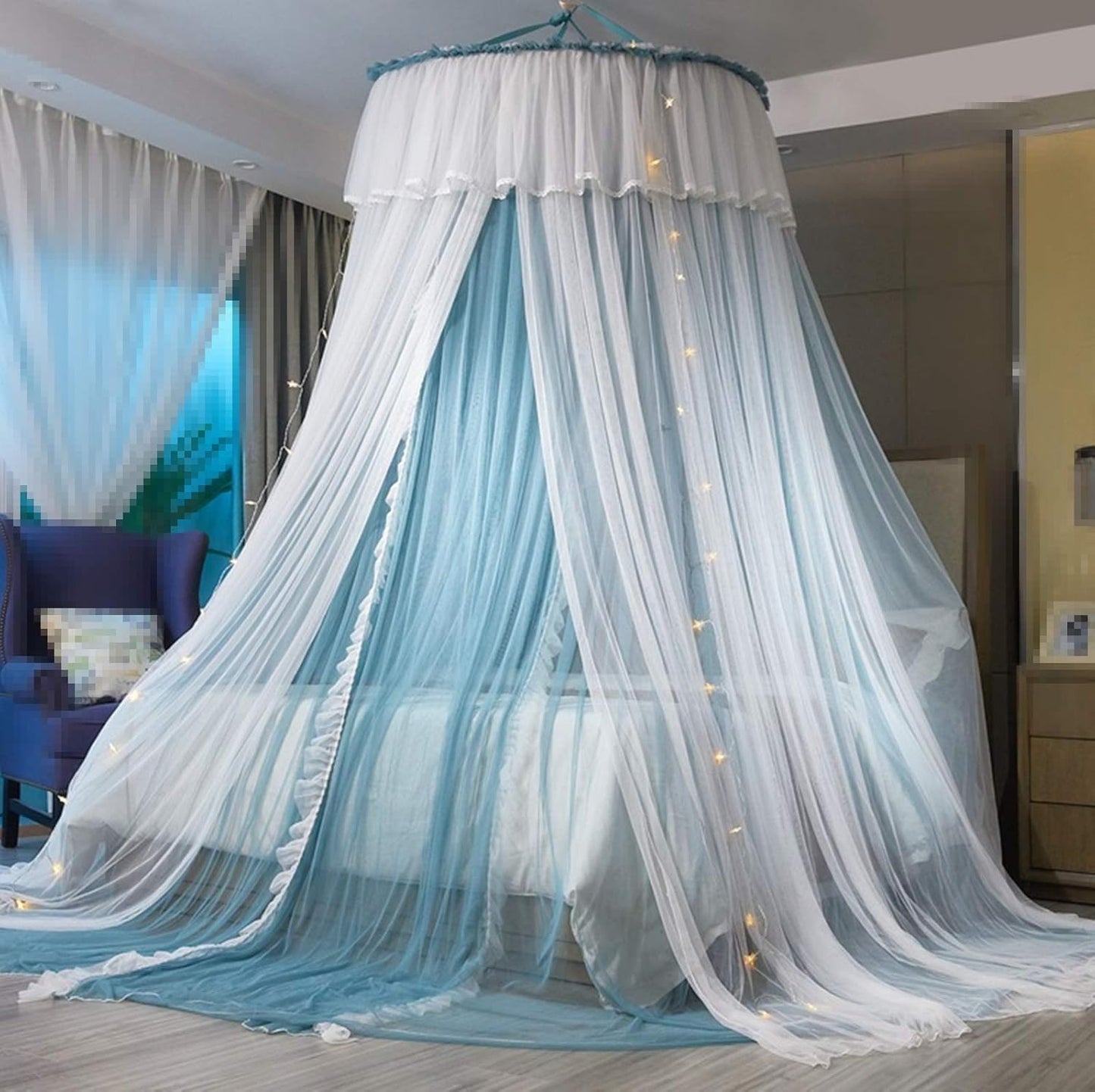 VETHIN Bed Canopy Princess for Girls,Bed Canopy Curtain Double Layer Sheer Mesh Dome Bed Curtain- Round Lace Princess Mosquito Net Tent for Twin Full Queen King Bed(Pink/White)