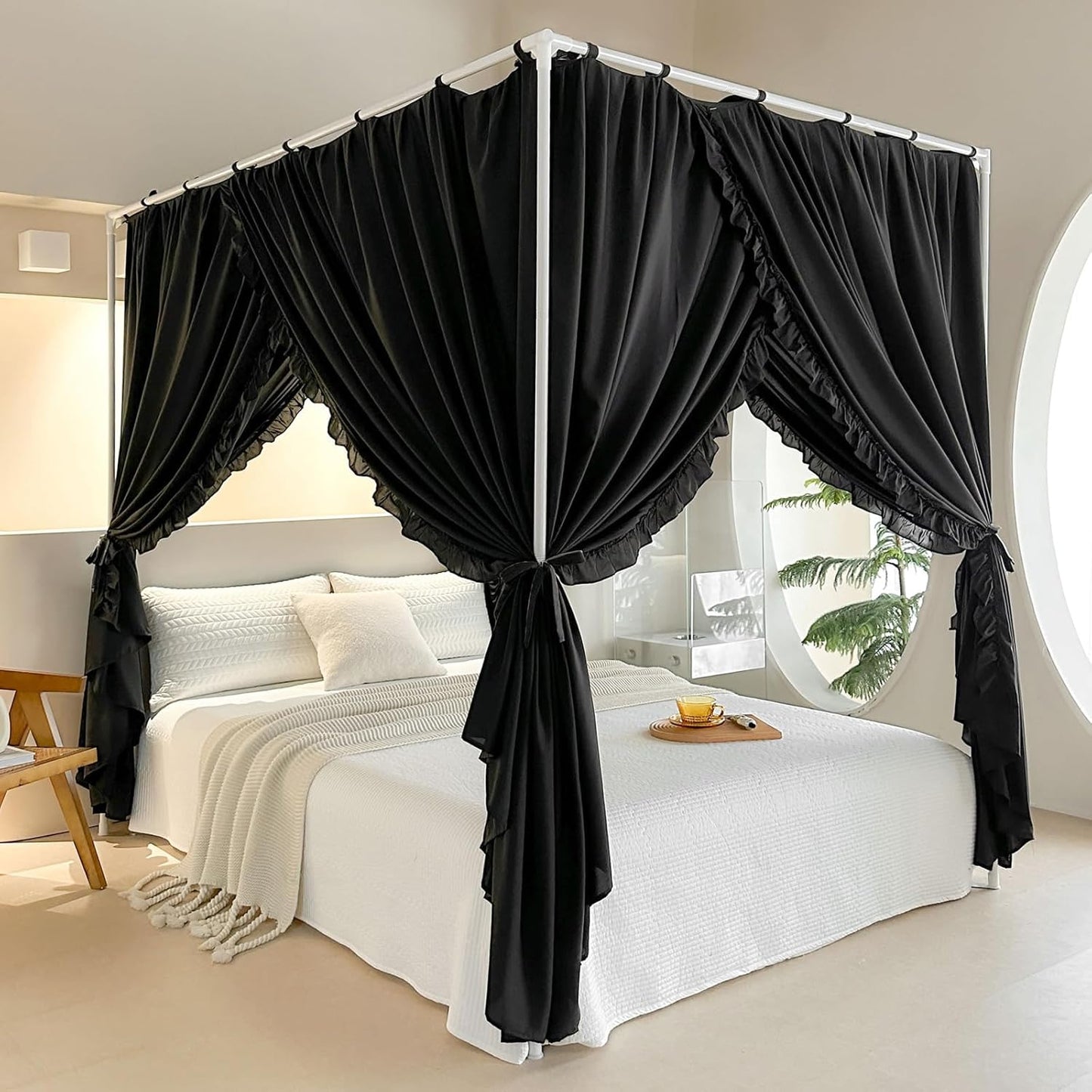 AIKASY Princess Canopy Bed Curtains with Top Ties - Windproof & Lightproof for Girls' Adult Bedroom Decor | Bed Canopy Drapes (Queen,Khaki)