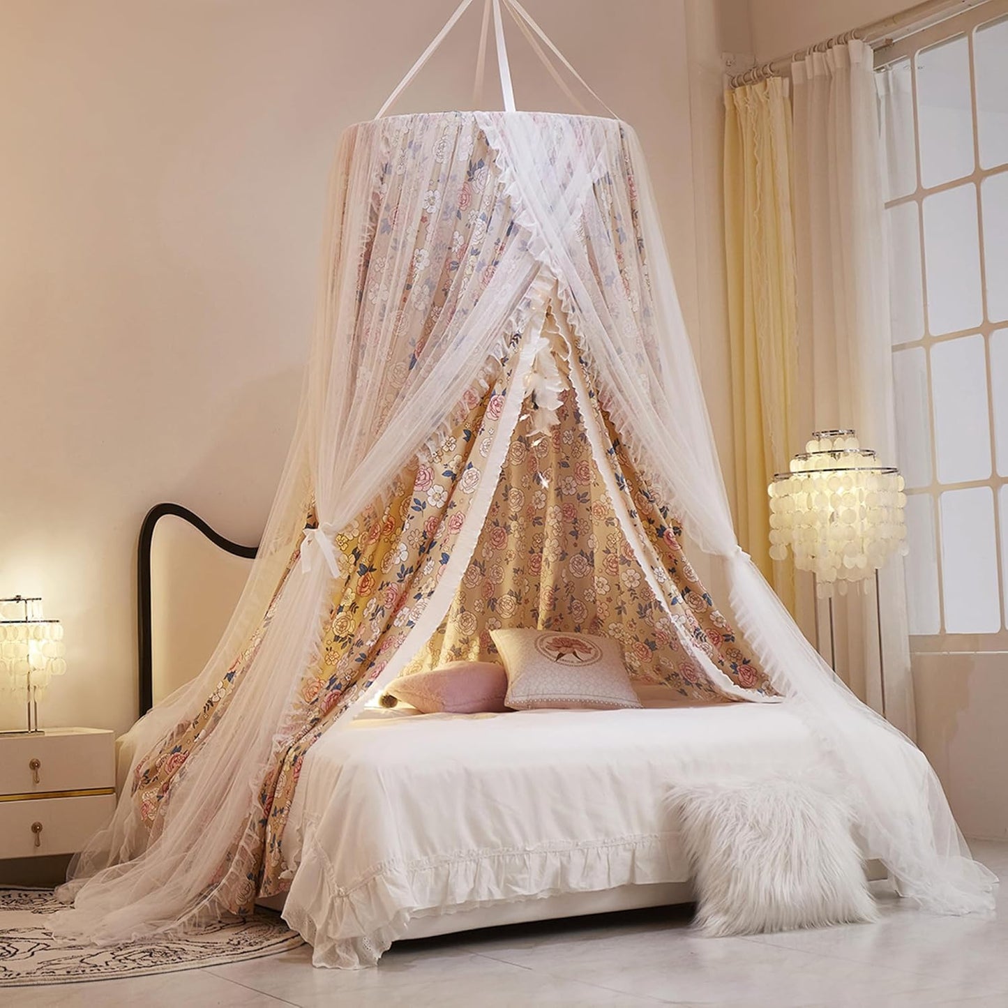 VETHIN Double Layer Princess Round Dome Canopy Bed Curtain for Girls Adults,Children Dreamy Mosquito Net,Cute Bedroom Decoration Castle Play Tent Reading Nook Canopies(Dome-Double Black)