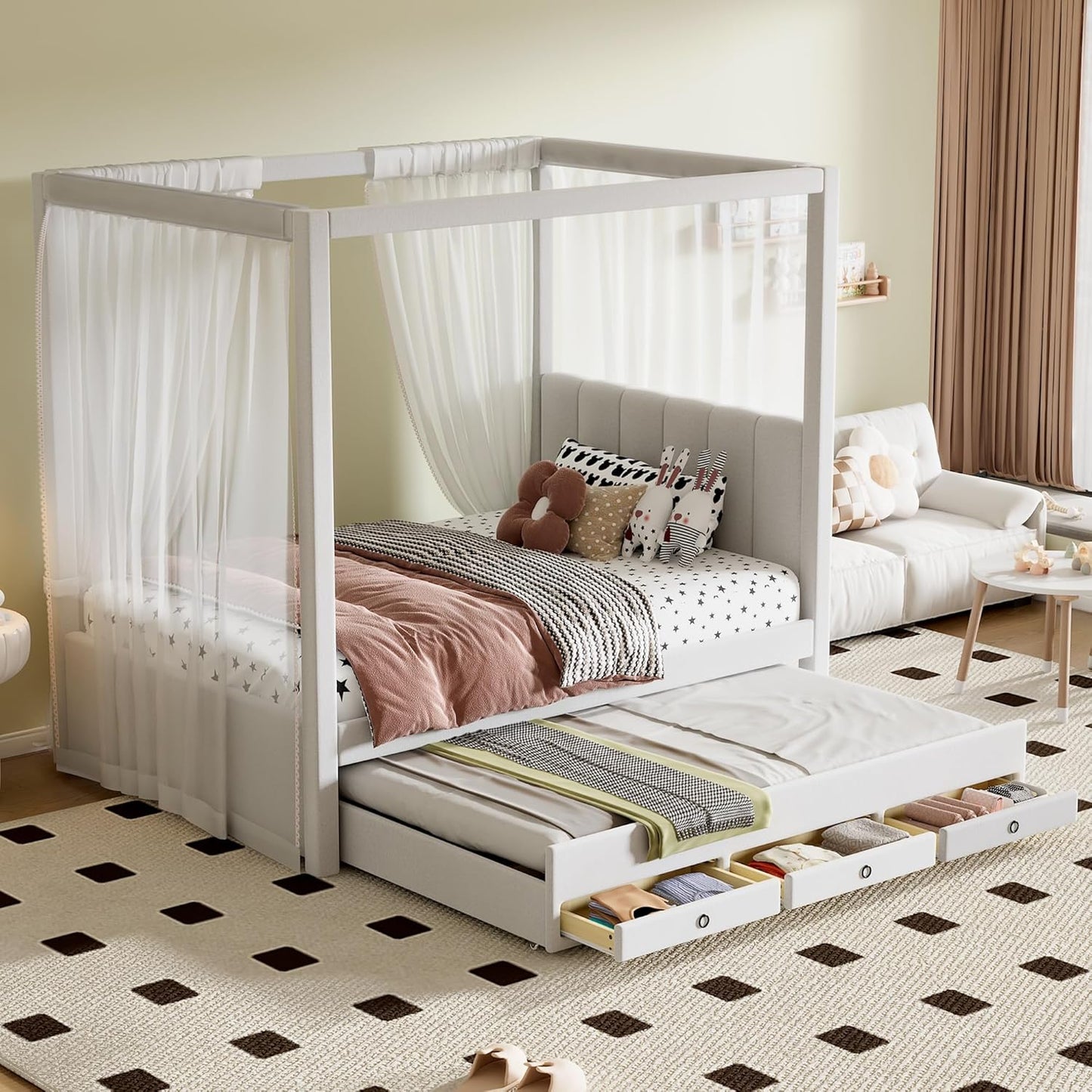 Merax Full Size Upholstery Canopy Platform Bed with Trundle and Three Storage Drawers