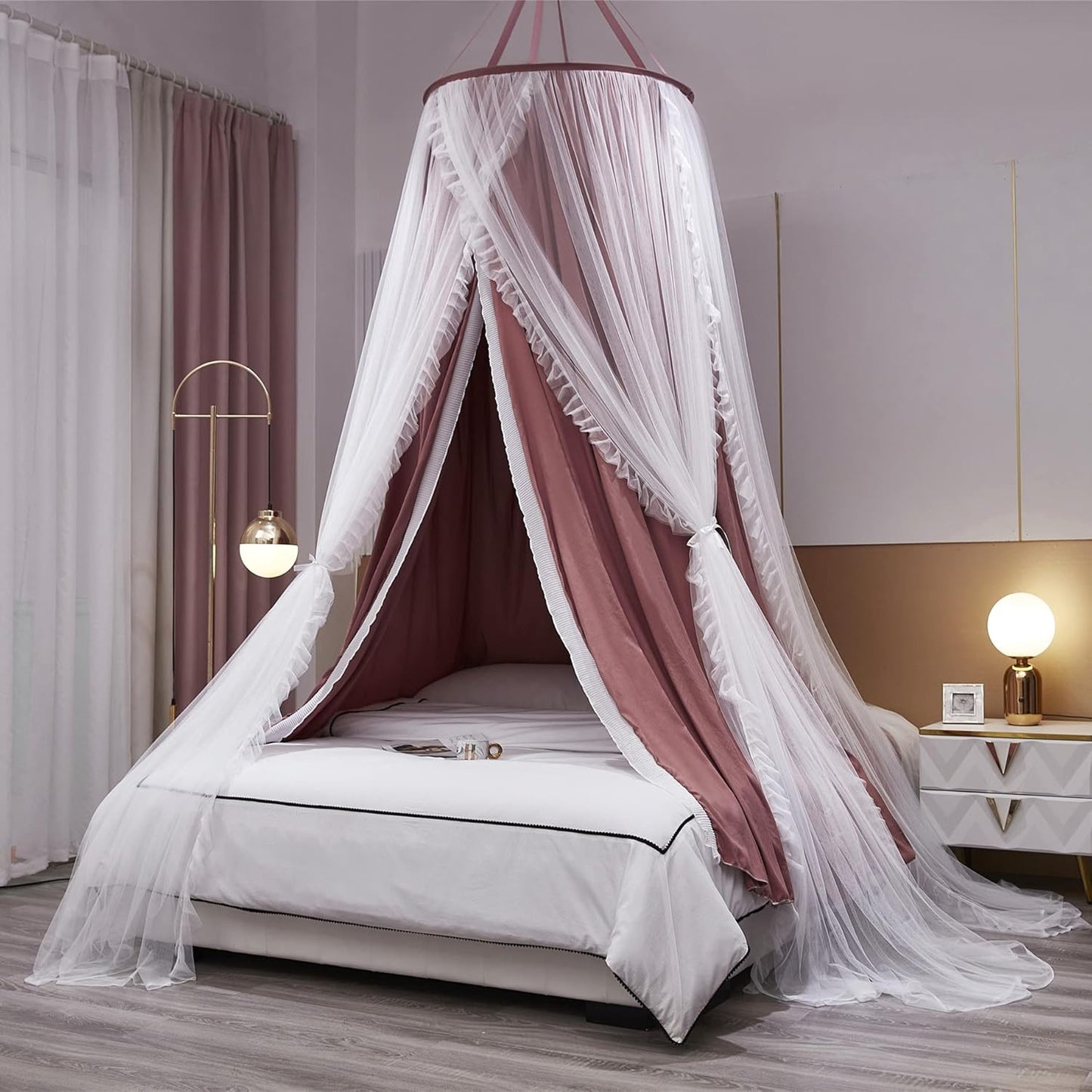 VETHIN Double Layer Princess Round Dome Canopy Bed Curtain for Girls Adults,Children Dreamy Mosquito Net,Cute Bedroom Decoration Castle Play Tent Reading Nook Canopies(Dome-Double Black)