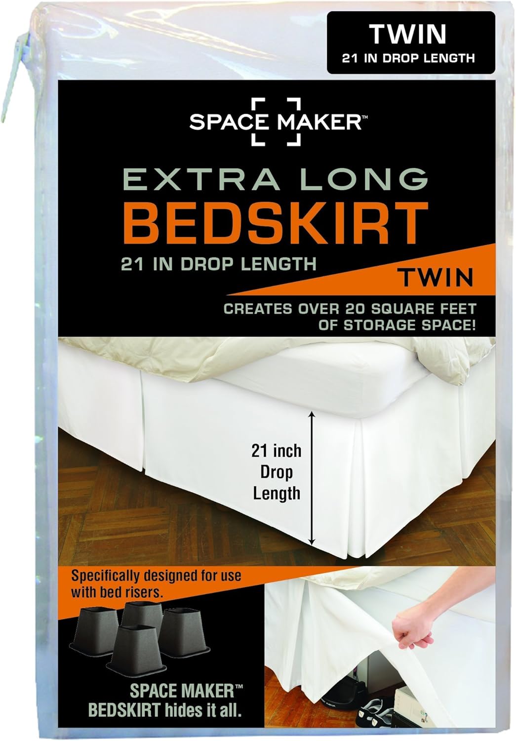 Space Maker Extra-Long 21" Drop Length Bed Skirt, Queen, White