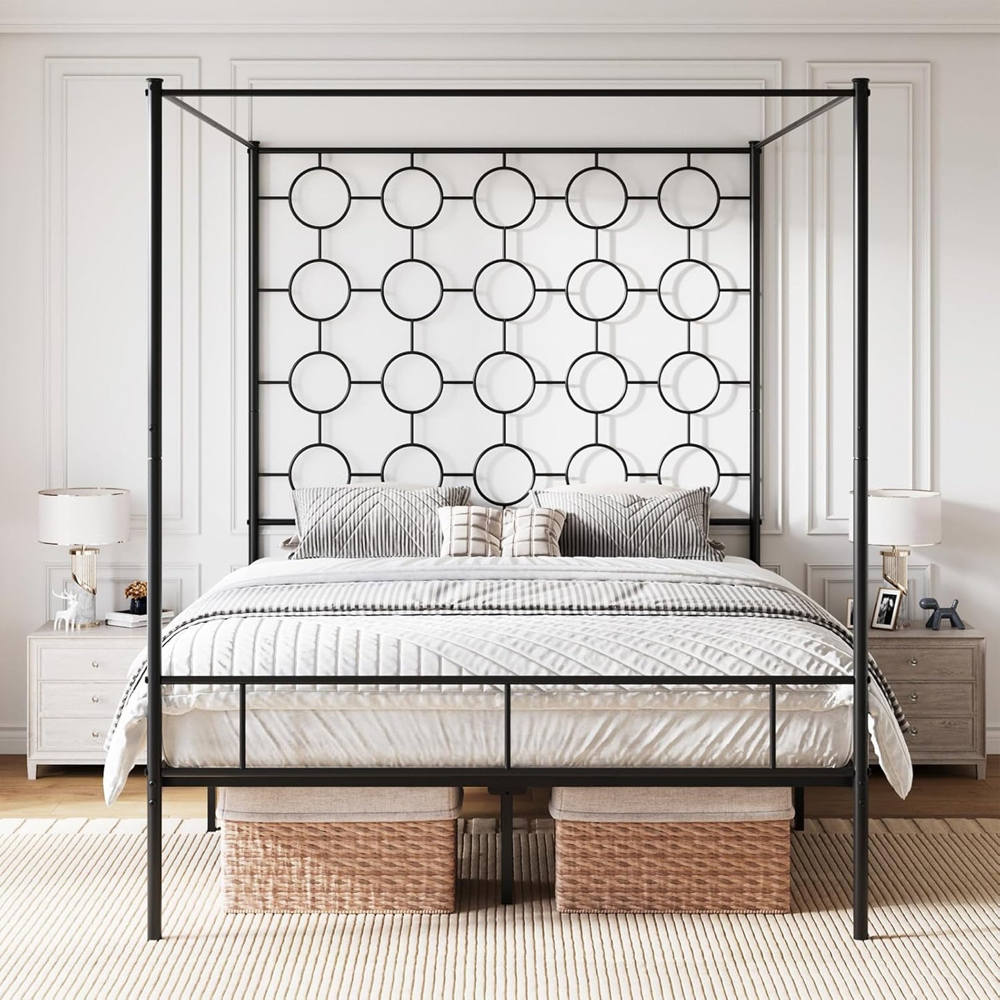 Queen Size Metal Canopy Bed Frame, Mattress Foundation with Metal Slat Support, No Box Spring Needed, Easy Assembly, Black