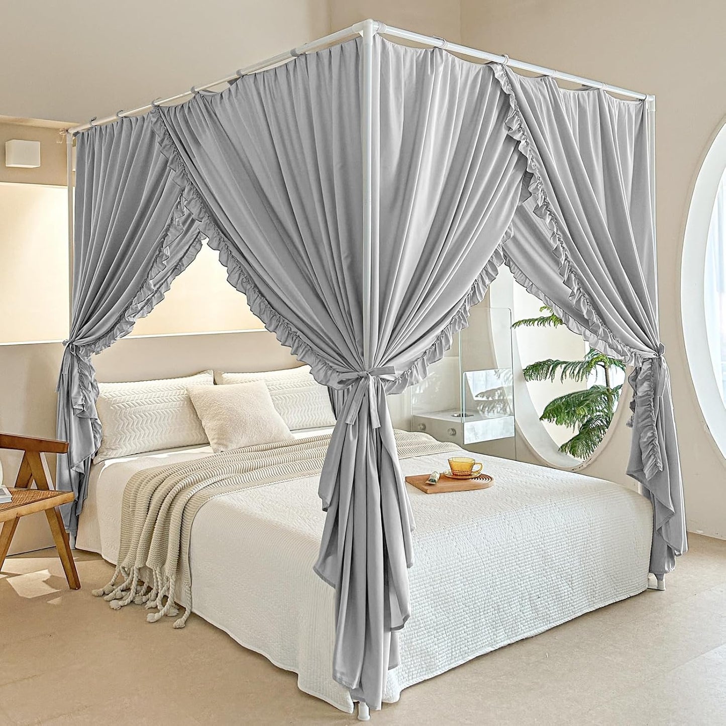 AIKASY Princess Canopy Bed Curtains with Top Ties - Windproof & Lightproof for Girls' Adult Bedroom Decor | Bed Canopy Drapes (Queen,Khaki)