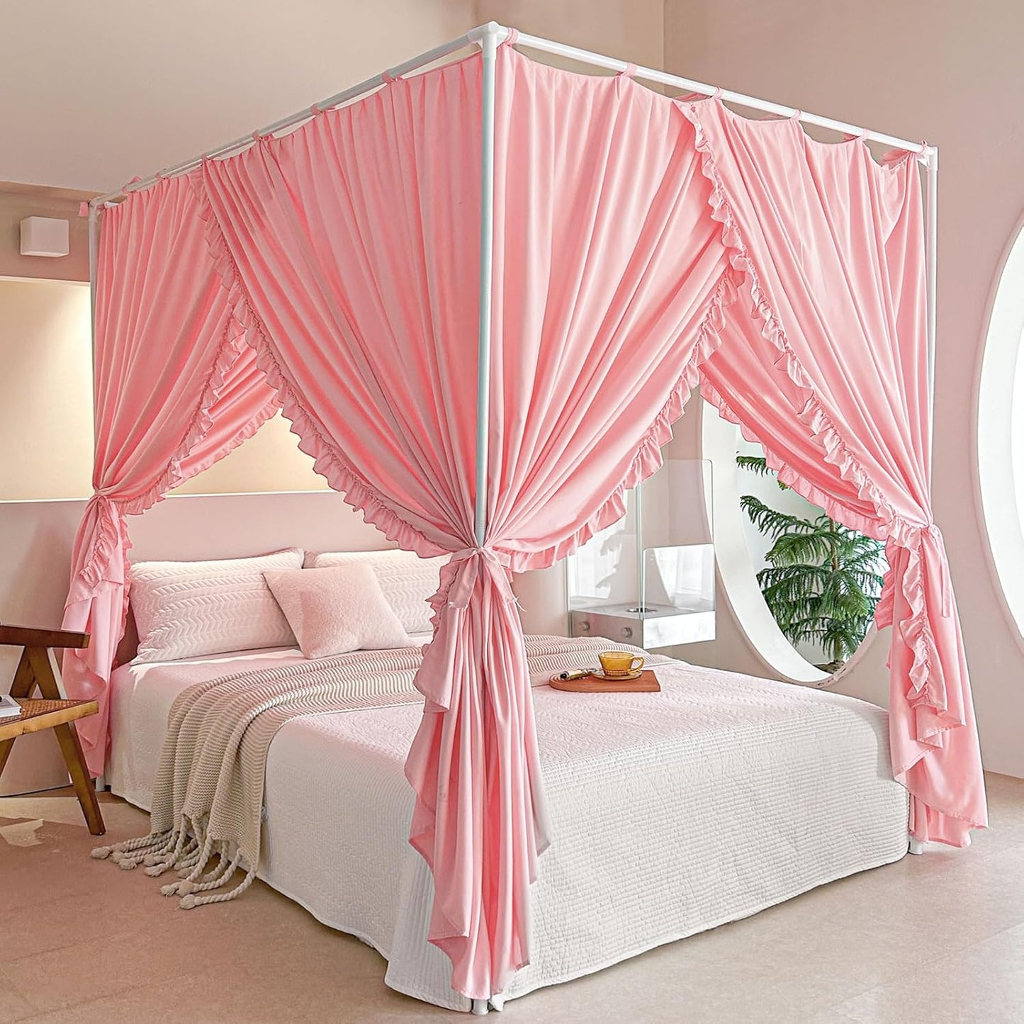 AIKASY Princess Canopy Bed Curtains with Top Ties - Windproof & Lightproof for Girls' Adult Bedroom Decor | Bed Canopy Drapes (Queen,Khaki)