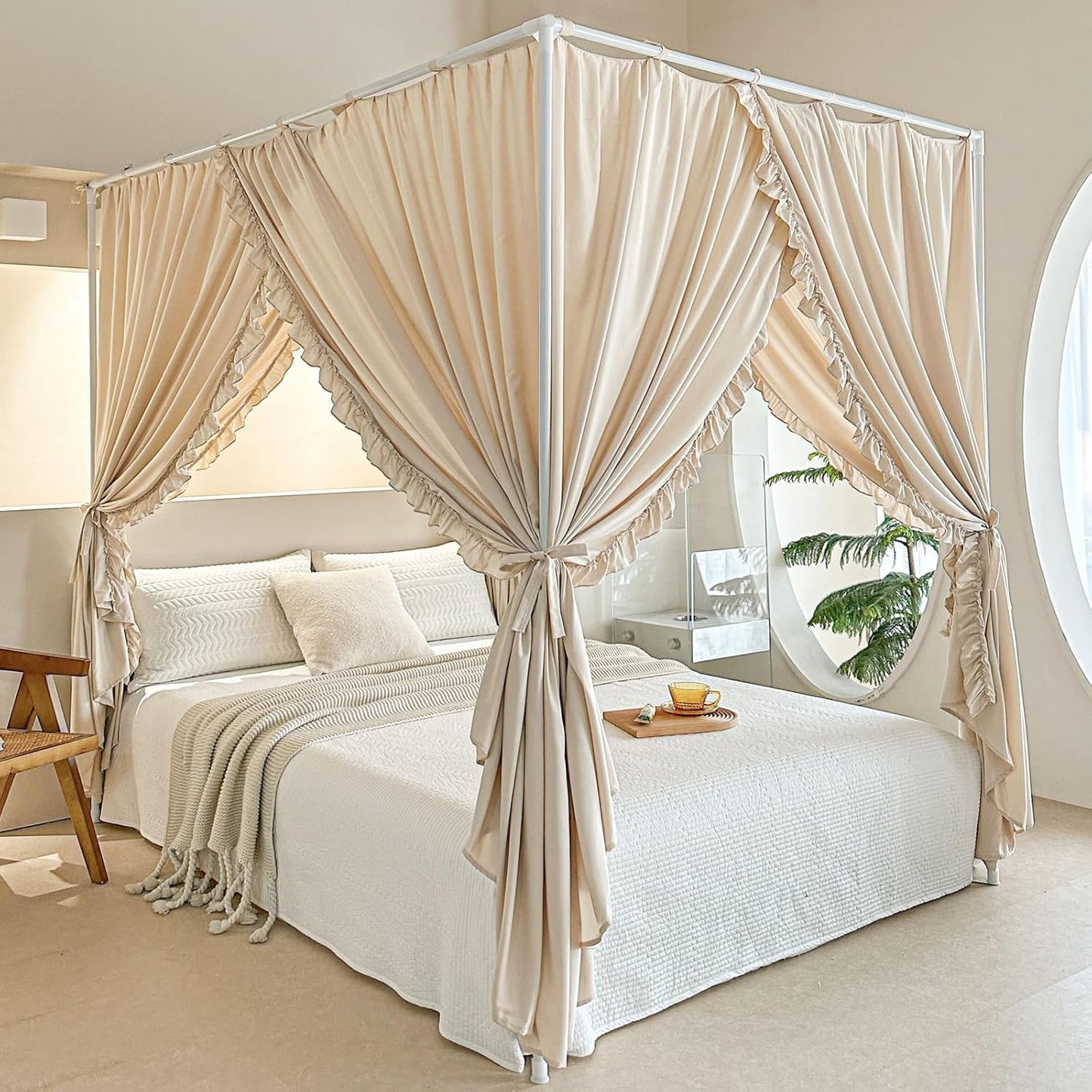 AIKASY Princess Canopy Bed Curtains with Top Ties - Windproof & Lightproof for Girls' Adult Bedroom Decor | Bed Canopy Drapes (Queen,Khaki)