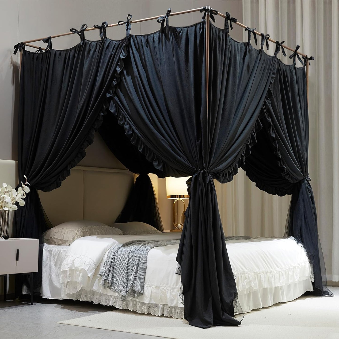 4 Corners Post Princess Curtain Bed Canopy Double Layer Cozy Mosquito Net Mesh and Cloth for Girls Adults Bedroom Decoration (Double-Black/Black, 53" W*78" L*82"*H/(Full))