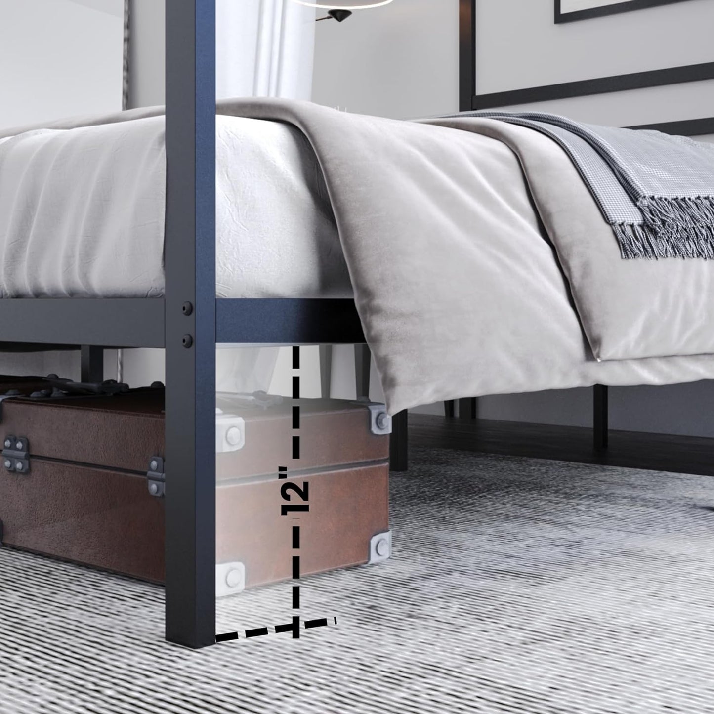 Golden Gate Beds Canopy Bed Frame with Four Poster Design, Strong Metal Slats and Built-in Headboard, Fits Drapes or Curtains, No Box Spring Needed, Girls or Teen Princess Style, Black, Queen Size
