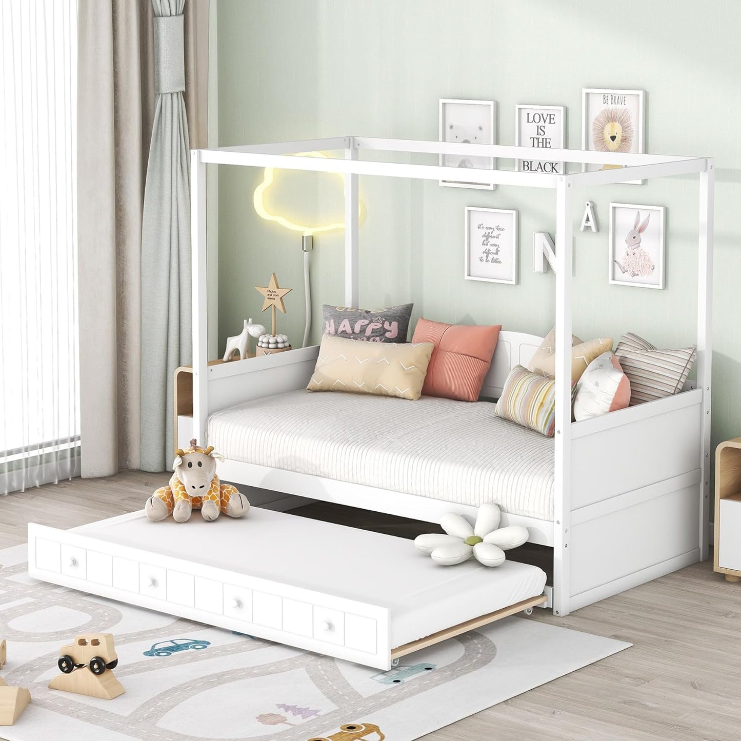 Merax Full Size Upholstery Canopy Platform Bed with Trundle and Three Storage Drawers