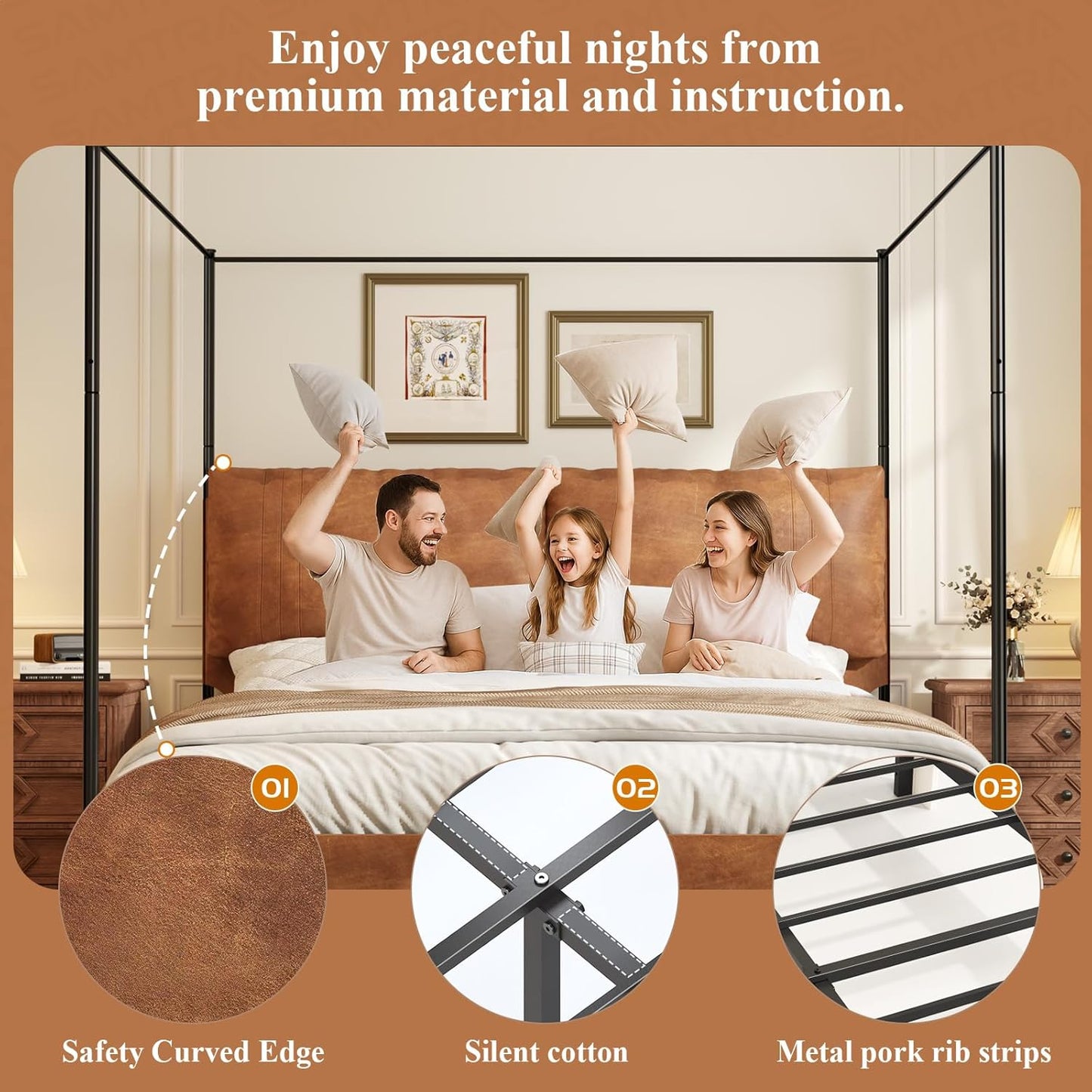 Modern Canopy Bed Frame with Upholstered Faux Leather Headboard – Tall Four Poster Metal Platform Bed, No Box Spring Needed, King Size, Brown and Black