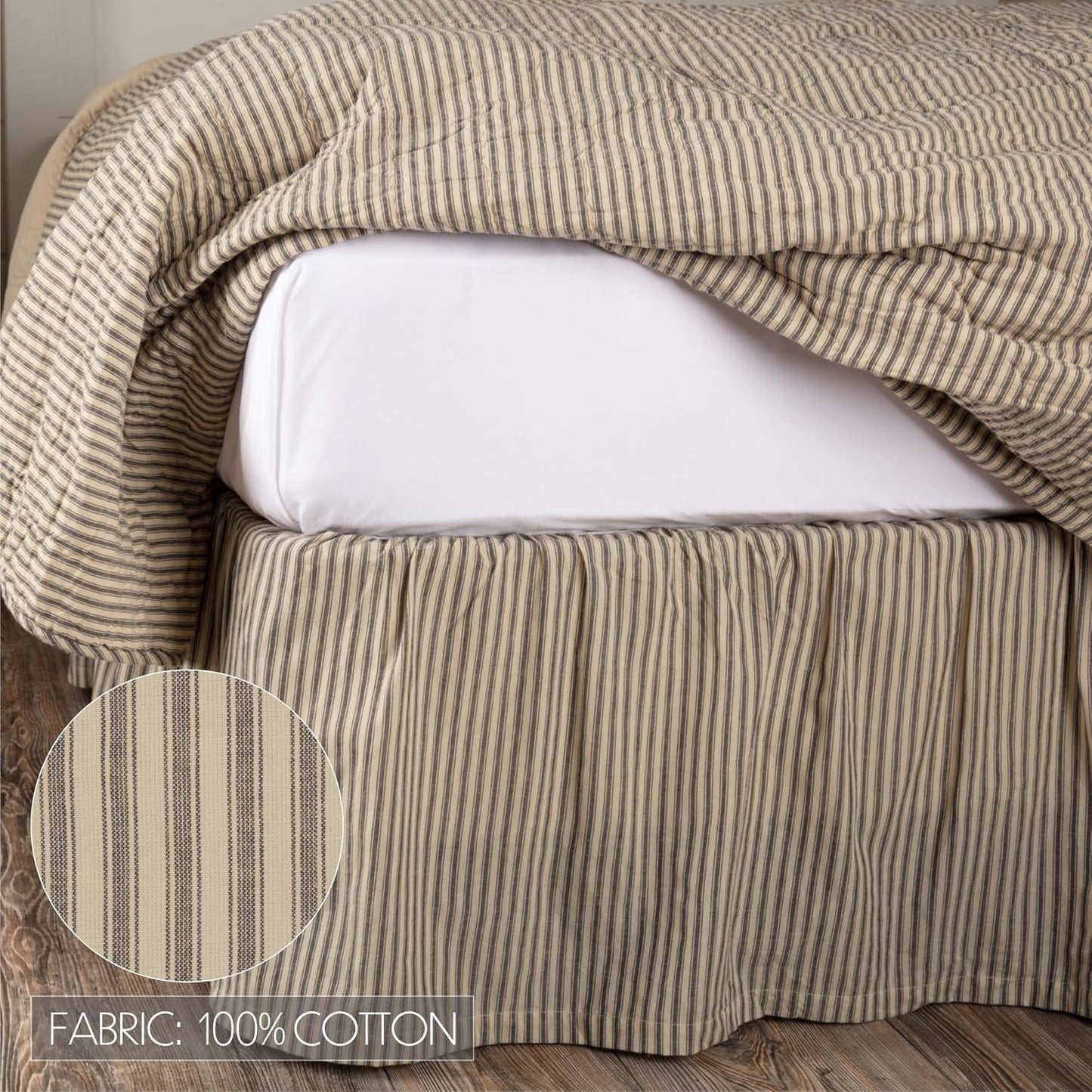 VHC Brands Sawyer Mill Ticking Striped Cotton Farmhouse Split Corners Gathered Queen Bed Skirt, 60x80x16, Charcoal Dark Creme White