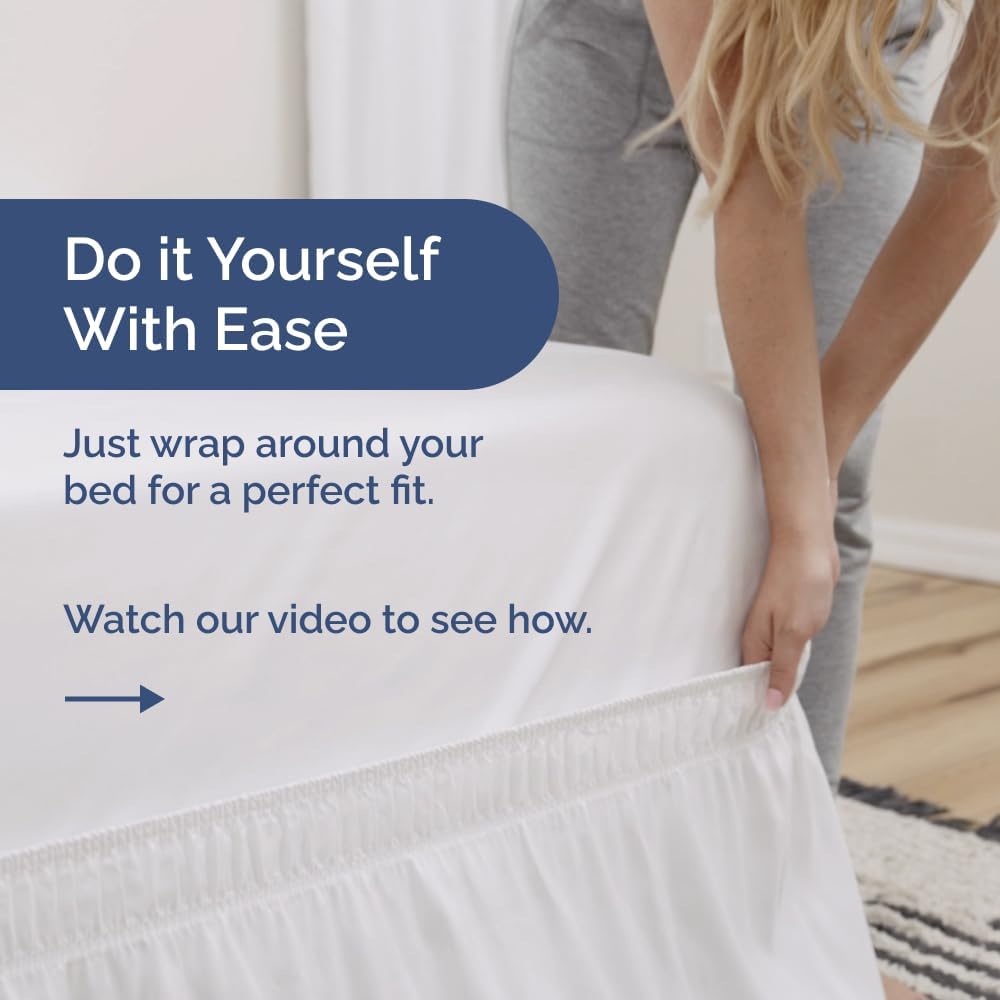 Wrap Around Dust Ruffle Bed Skirt - White - for King Size Beds with 15 Inch Drop - Easy Fit Elastic Strap - Adjustable Pleated Bedskirt w/Brushed Fabric - Wrinkle Free - for Women, Men, Kids & Teens