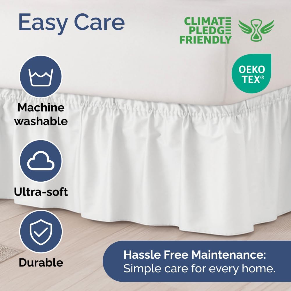 Wrap Around Dust Ruffle Bed Skirt - White - for King Size Beds with 15 Inch Drop - Easy Fit Elastic Strap - Adjustable Pleated Bedskirt w/Brushed Fabric - Wrinkle Free - for Women, Men, Kids & Teens