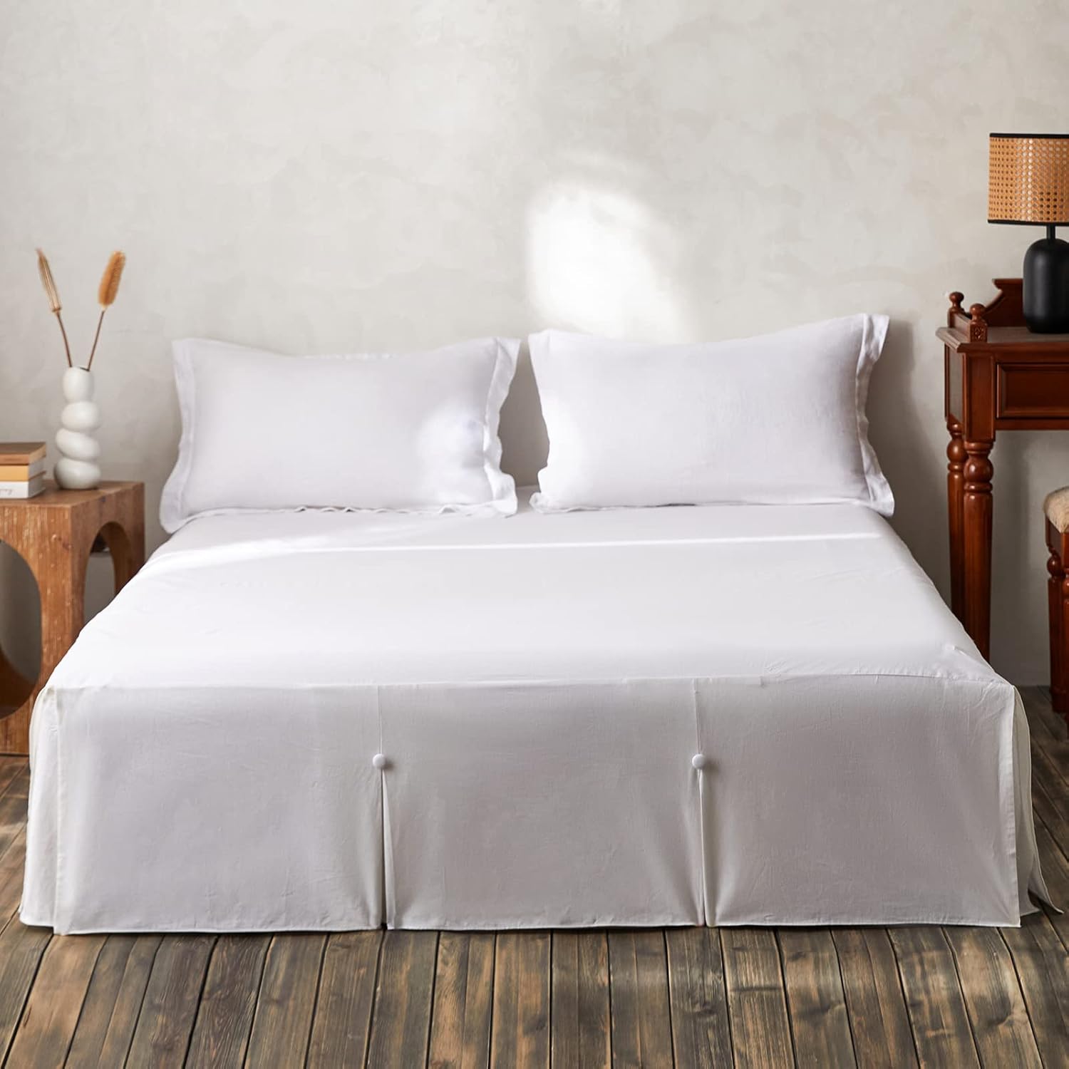 BISELINA French Linen Bed Skirt with Pleated Frills 18-Inch Tailored Drop Natural Flax Cotton Blend Dust Ruffle Soft Cozy Farmhouse Bedding (18" King, Ruffle Linen)