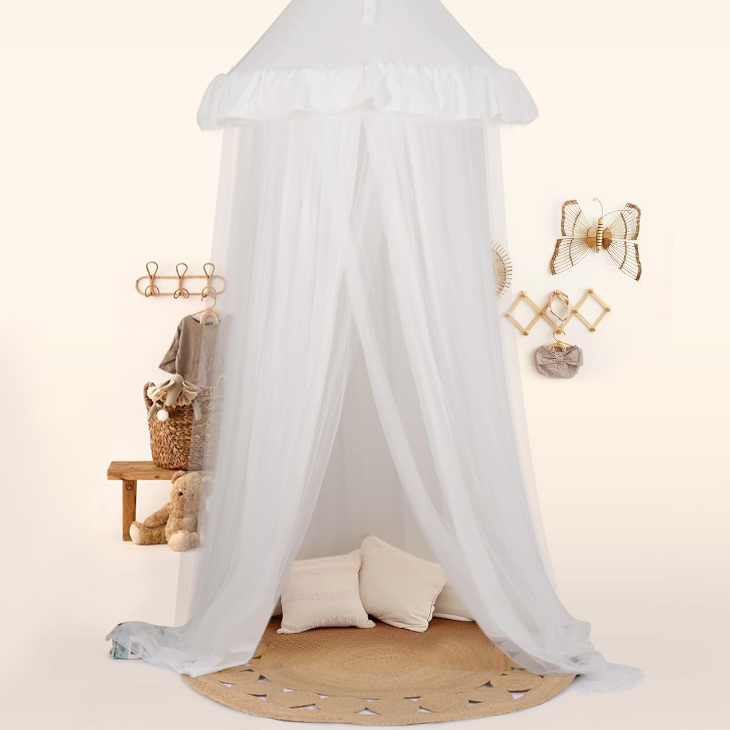 Large Bed Canopy with Star Lights, Double Layer Canopy for Bed, Princess Play Tent for Girls Room, Breathable Canopy Bed Curtain for Children Reading Nook, Machine Washable Canopy, 40''x106'', White