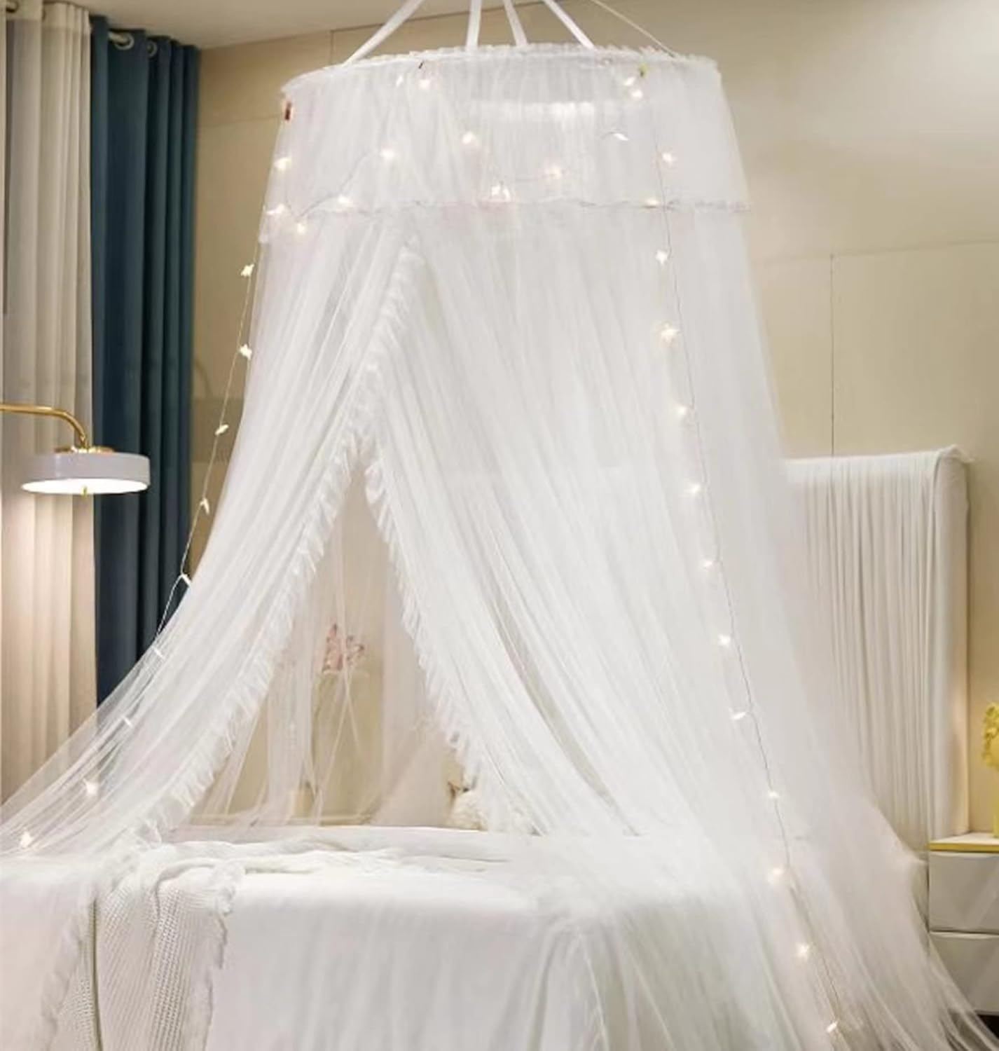 VETHIN Bed Canopy Princess for Girls,Bed Canopy Curtain Double Layer Sheer Mesh Dome Bed Curtain- Round Lace Princess Mosquito Net Tent for Twin Full Queen King Bed(Pink/White)