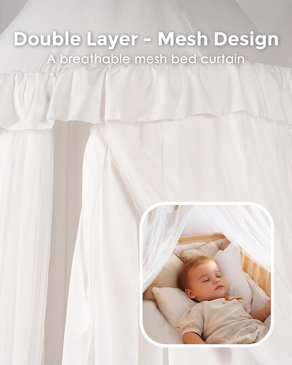 Large Bed Canopy with Star Lights, Double Layer Canopy for Bed, Princess Play Tent for Girls Room, Breathable Canopy Bed Curtain for Children Reading Nook, Machine Washable Canopy, 40''x106'', White