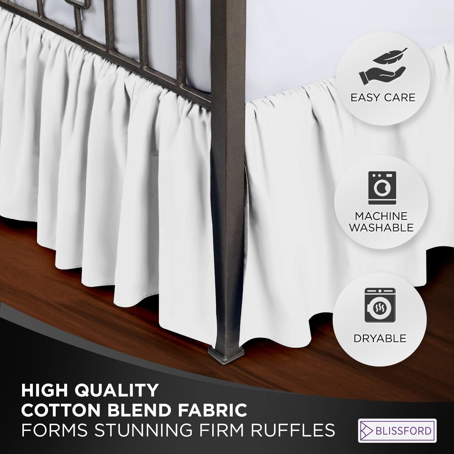 BLISSFORD White Bed Skirt Queen Size 14 inch Drop - with Split Corners - Cotton Blend Ruffled Bed Skirt, Dust Ruffle for Queen Size Bed, Platform White Bedskirt, Machine Washable