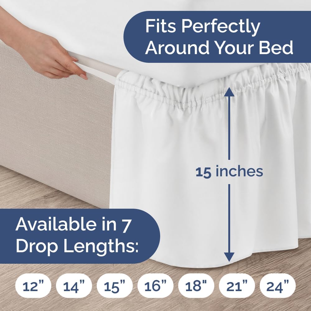 Wrap Around Dust Ruffle Bed Skirt - White - for King Size Beds with 15 Inch Drop - Easy Fit Elastic Strap - Adjustable Pleated Bedskirt w/Brushed Fabric - Wrinkle Free - for Women, Men, Kids & Teens