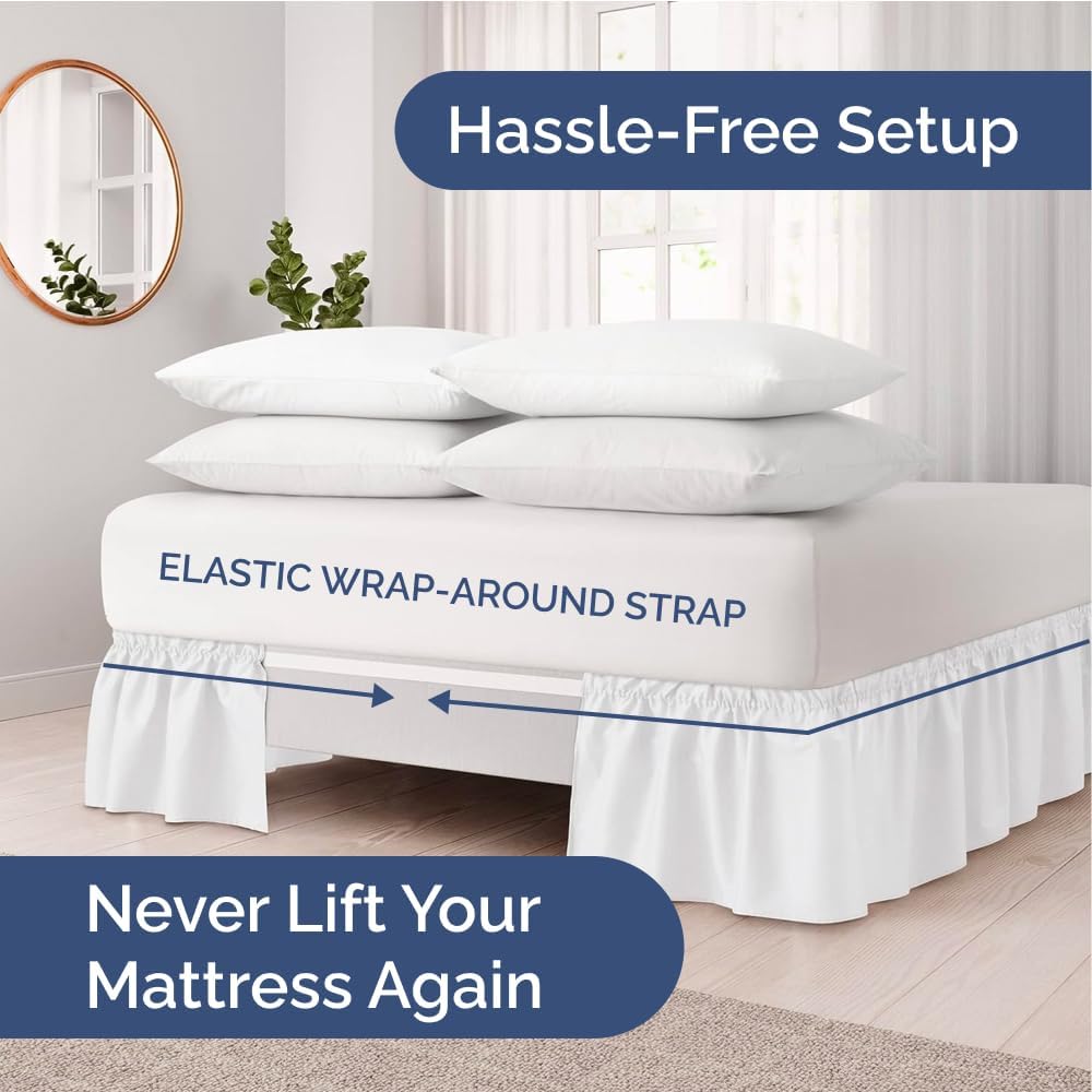 Wrap Around Dust Ruffle Bed Skirt - White - for King Size Beds with 15 Inch Drop - Easy Fit Elastic Strap - Adjustable Pleated Bedskirt w/Brushed Fabric - Wrinkle Free - for Women, Men, Kids & Teens