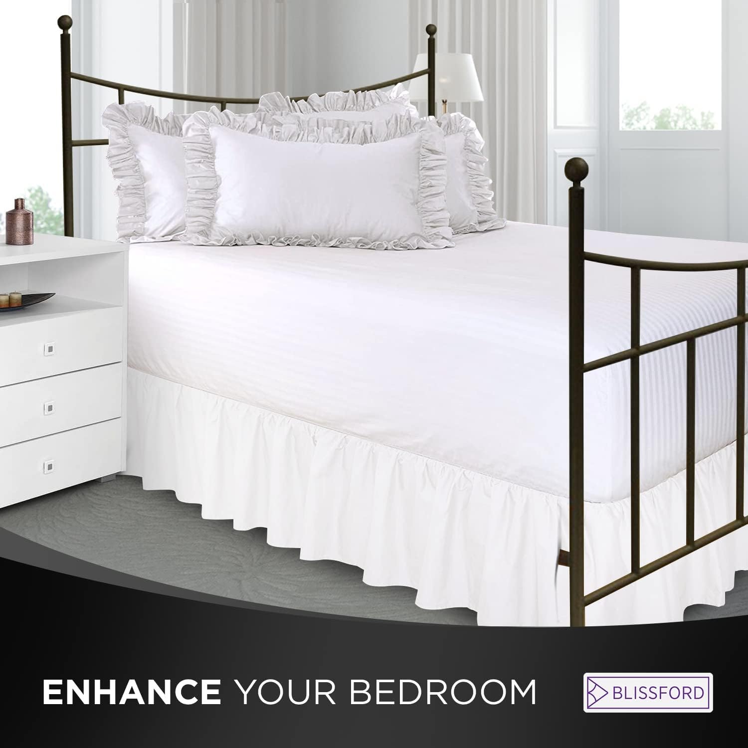 BLISSFORD White Bed Skirt Queen Size 14 inch Drop - with Split Corners - Cotton Blend Ruffled Bed Skirt, Dust Ruffle for Queen Size Bed, Platform White Bedskirt, Machine Washable