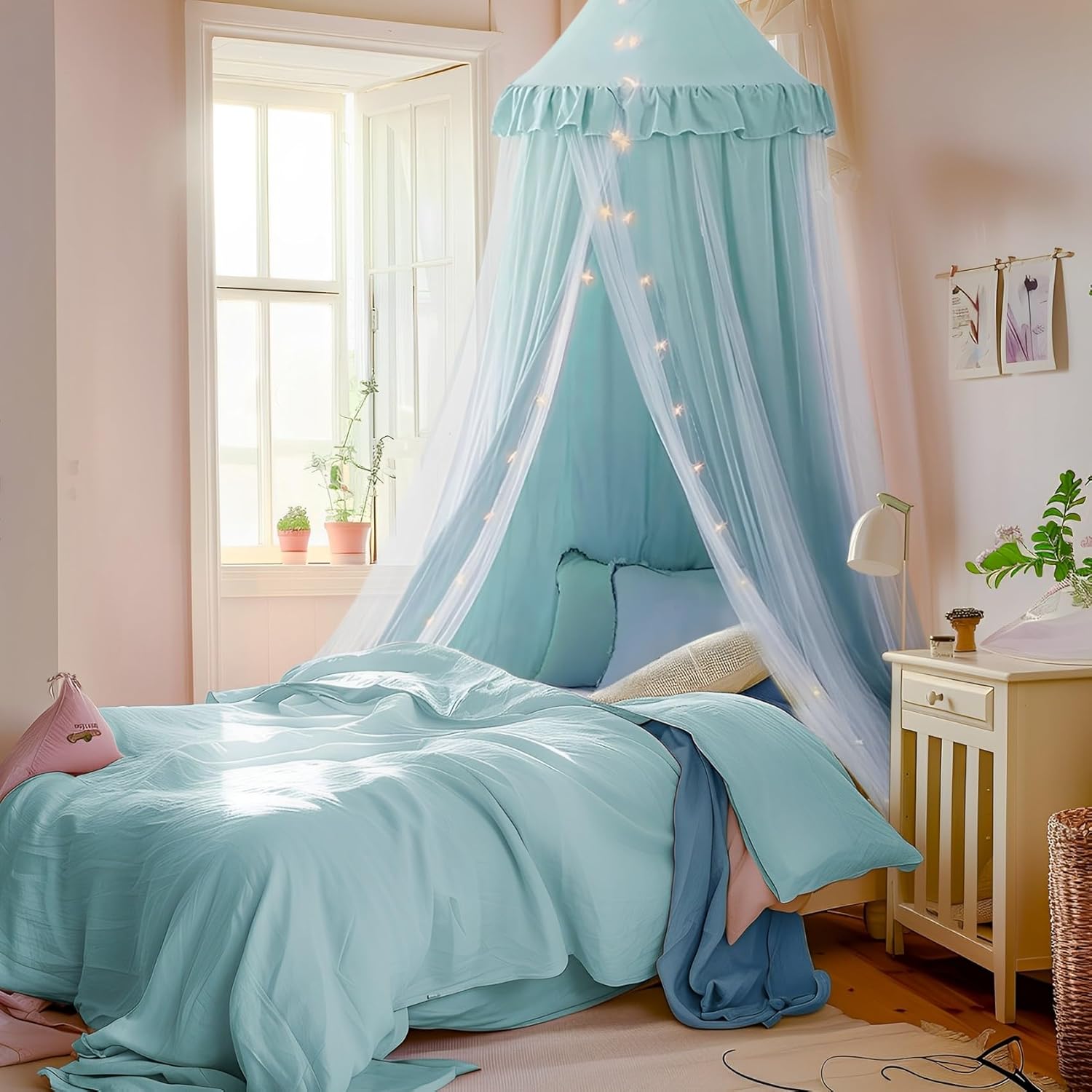 Large Bed Canopy with Star Lights, Double Layer Canopy for Bed, Princess Play Tent for Girls Room, Breathable Canopy Bed Curtain for Children Reading Nook, Machine Washable Canopy, 40''x106'', White