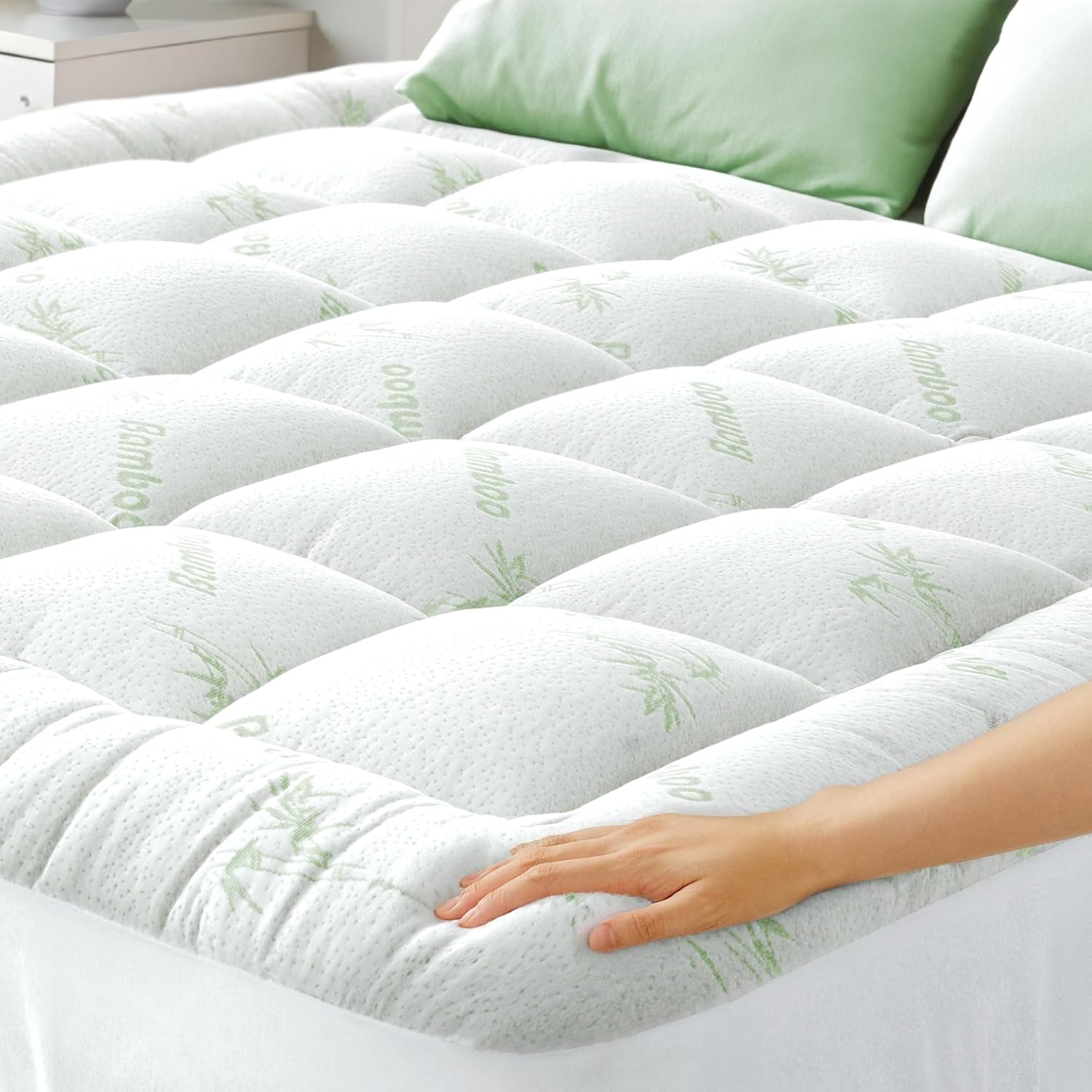 Ultra Soft Full Size Mattress Topper - Viscose Made from Bamboo Pillow Top Mattress Pad for Back Pain Relief - Naturally Cooling for Hot Sleepers, Green