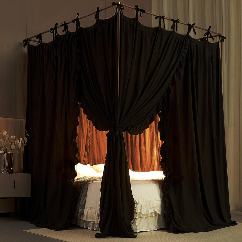 4 Corners Post Princess Curtain Bed Canopy Double Layer Cozy Mosquito Net Mesh and Cloth for Girls Adults Bedroom Decoration (Double-Black/Black, 64" W*82" L*82"*H/(Queen))