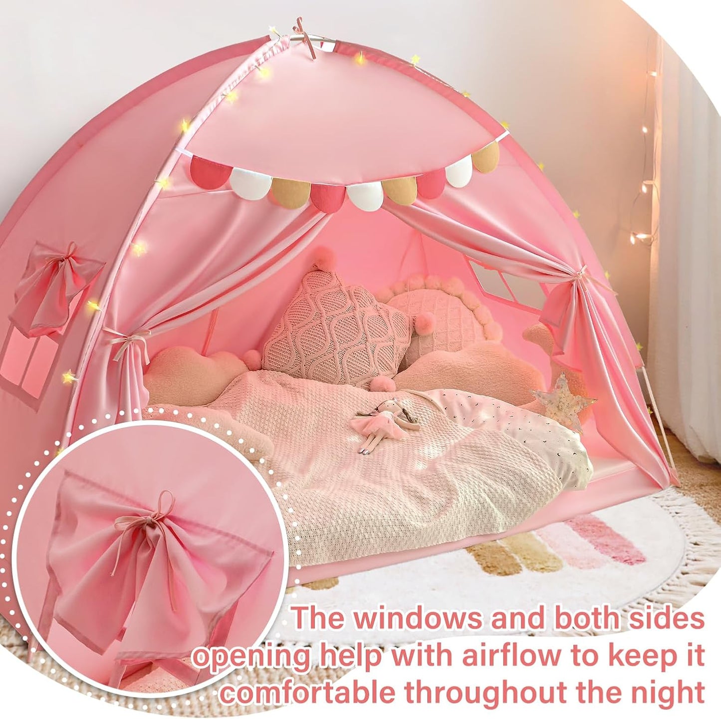 Twin Bed Tent for Kids, Twin Size Bed Tents Indoor Canopy Privacy on Bunk Sleep Inside Drafty Room for Girls, Pink