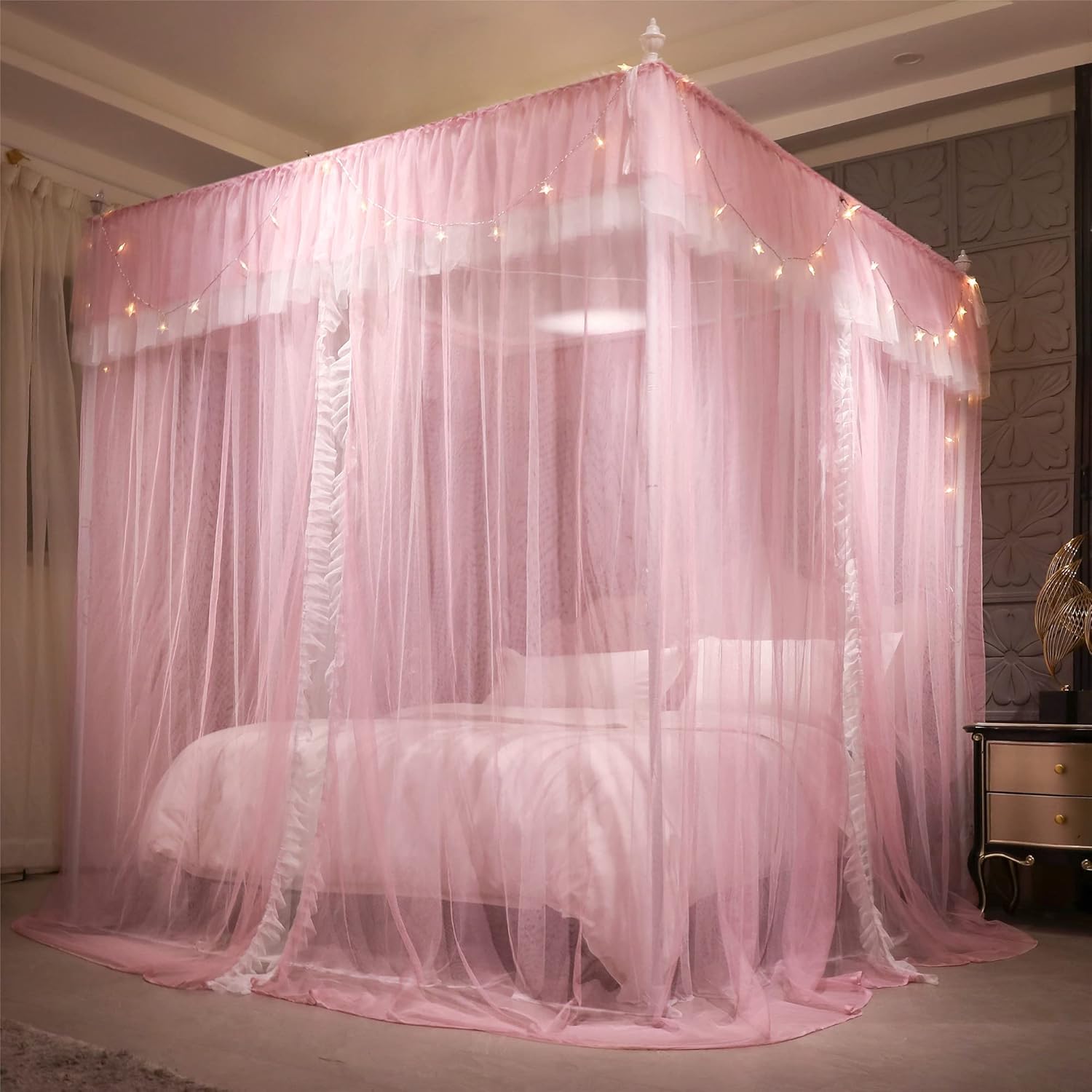 VETHIN 4 Corners Post Ruffle Princess Bed Canopy Curtain-Double Layer Cozy Drape Netting 4 Opening Mosquito Net for Girls Adults Bedroom Decoration (Pink/Whtie, 53" W*78" L*82"*H/(Full))