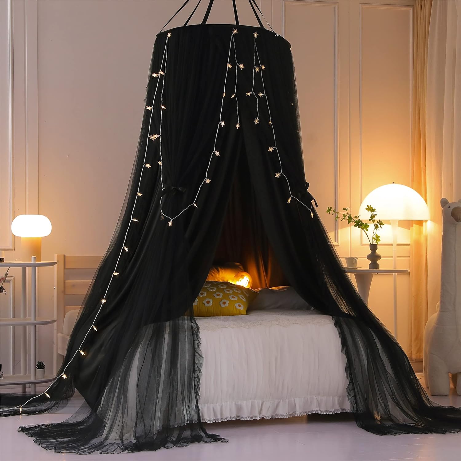 VETHIN Double Layer Princess Round Dome Canopy Bed Curtain for Girls Adults,Children Dreamy Mosquito Net,Cute Bedroom Decoration Castle Play Tent Reading Nook Canopies(Dome-Double Black)