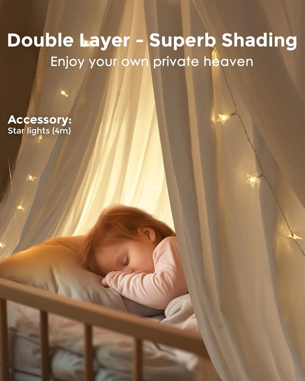 Large Bed Canopy with Star Lights, Double Layer Canopy for Bed, Princess Play Tent for Girls Room, Breathable Canopy Bed Curtain for Children Reading Nook, Machine Washable Canopy, 40''x106'', White