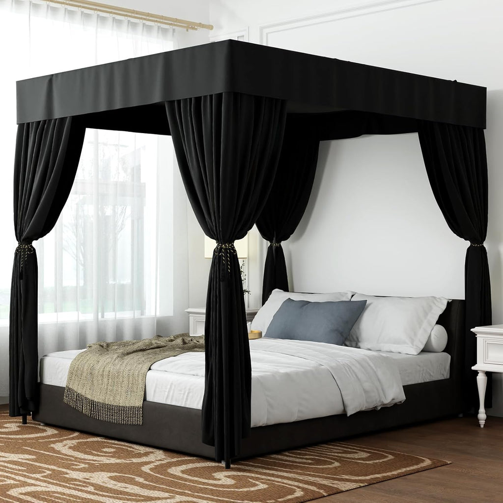Hvqic Black Canopy Bed Drapes - 4 Corner Post Canopy King Bedroom Decoration (King, Black)