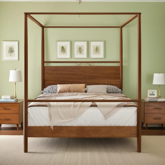 SOFTSEA Canopy Bed Frame Full Size, Solid Wood 4 Posters Canopy Bed Frame, Mid-Century Canopy Platform Bed with Headboard for Bedroom, No Box Spring Needed, Walnut
