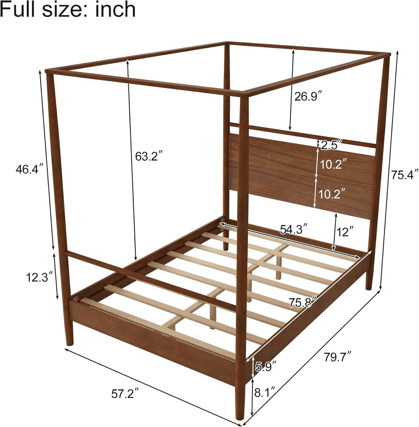 SOFTSEA Canopy Bed Frame Full Size, Solid Wood 4 Posters Canopy Bed Frame, Mid-Century Canopy Platform Bed with Headboard for Bedroom, No Box Spring Needed, Walnut