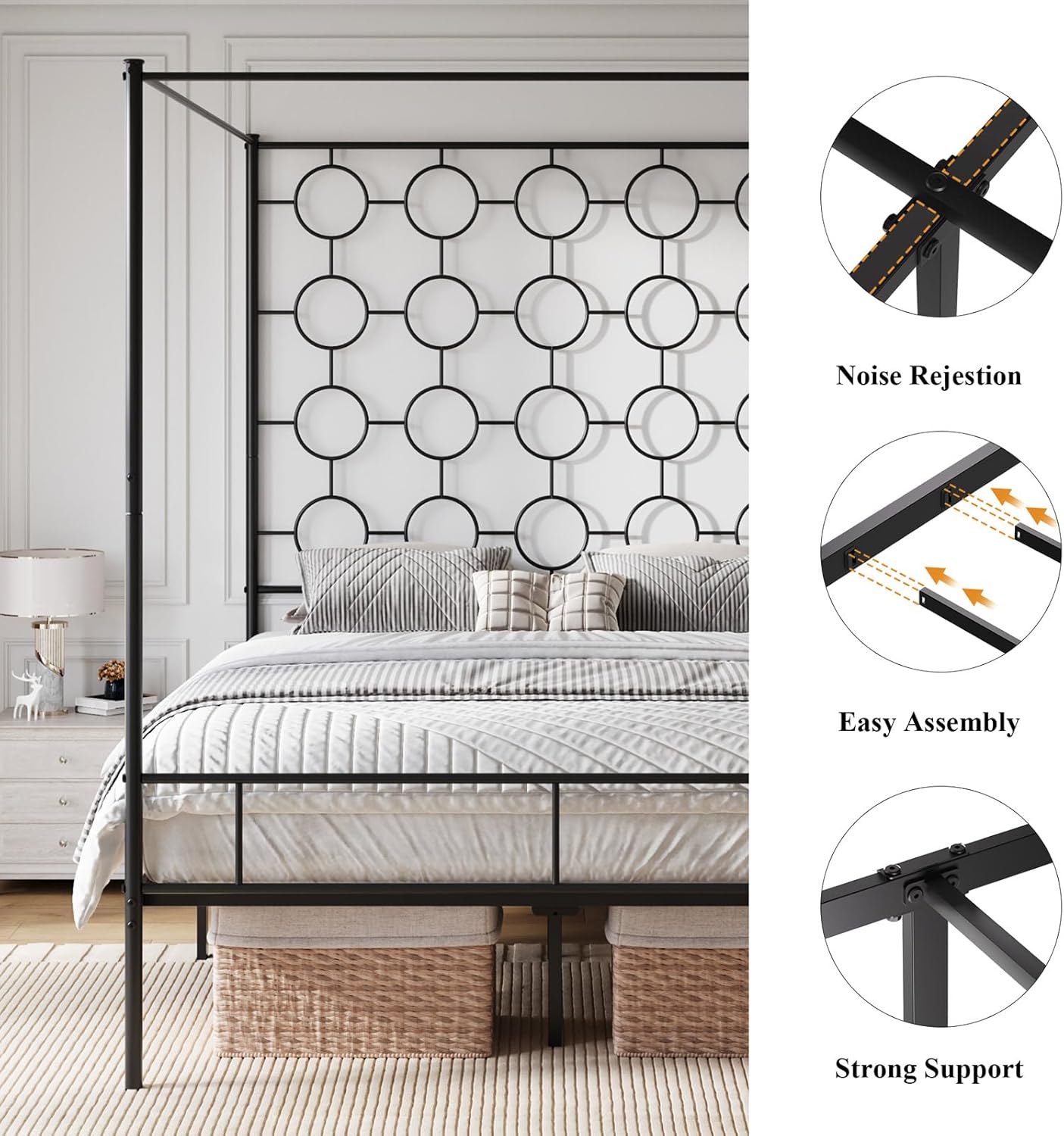 Queen Size Metal Canopy Bed Frame, Mattress Foundation with Metal Slat Support, No Box Spring Needed, Easy Assembly, Black