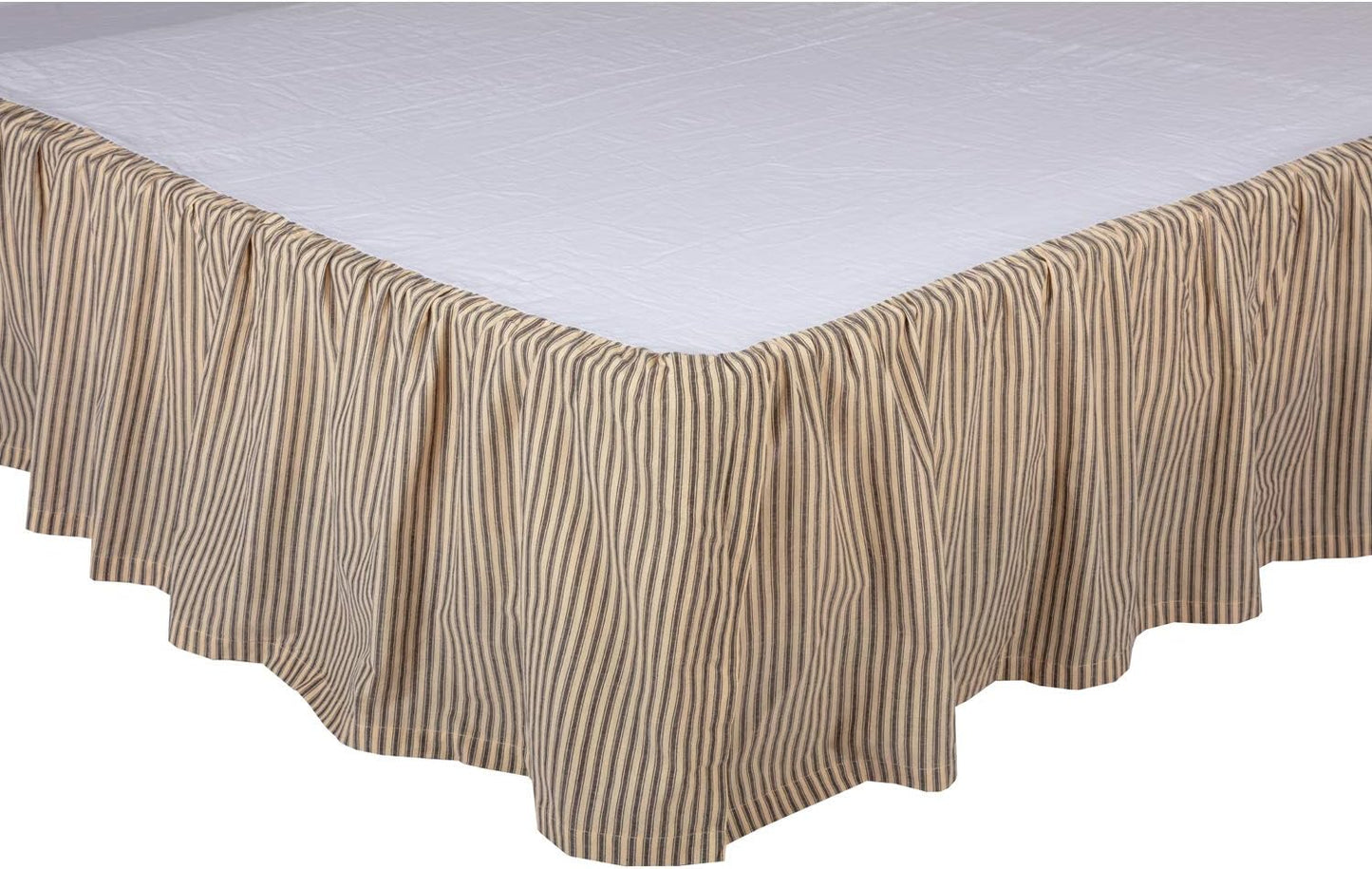 VHC Brands Sawyer Mill Ticking Striped Cotton Farmhouse Split Corners Gathered Queen Bed Skirt, 60x80x16, Charcoal Dark Creme White