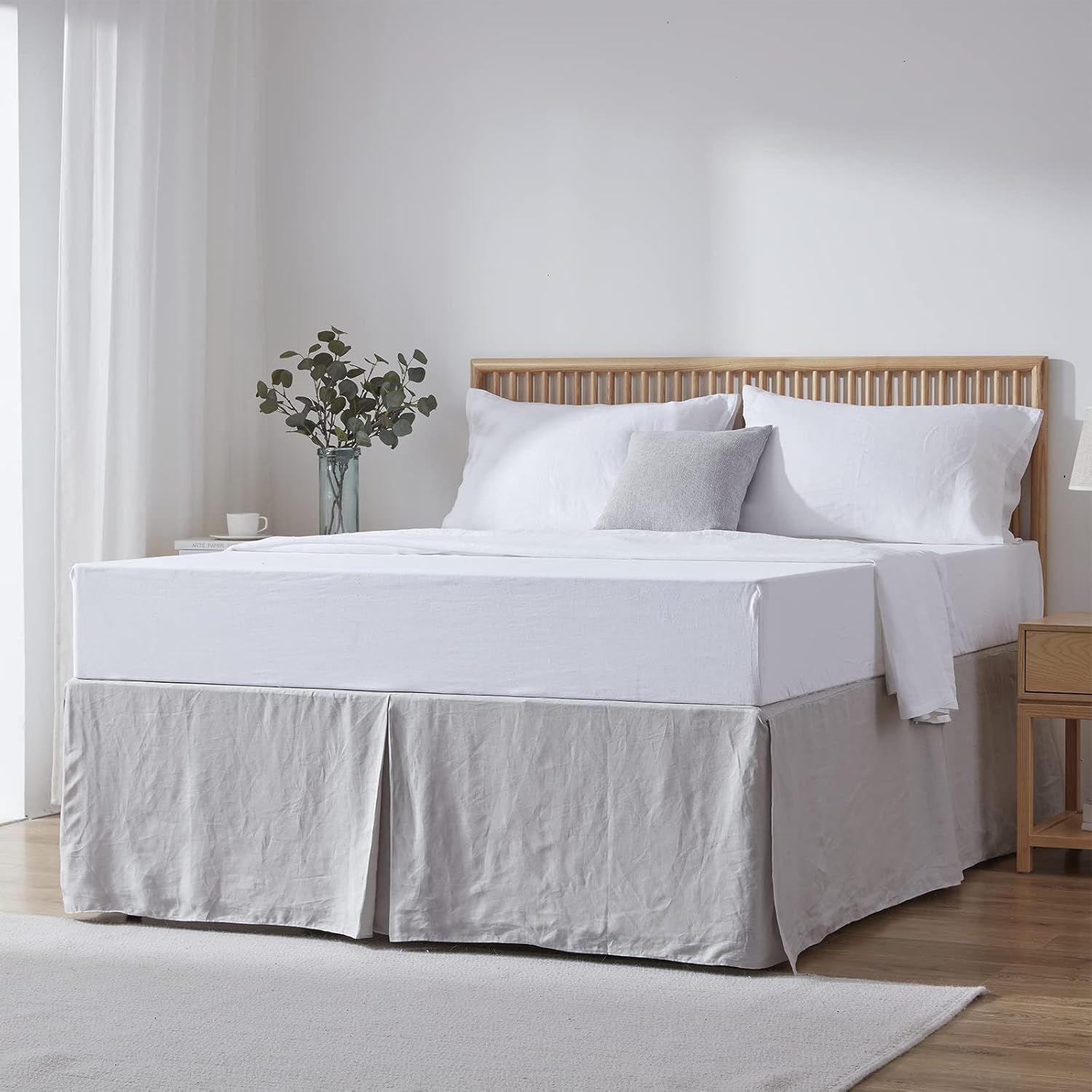 Simple&Opulence Belgian Linen Bed Skirt with Classic 14 inch Tailored Drop Dust Ruffle, Easy Fit Breathable Premium Natural Flax- Basic Linen, Queen