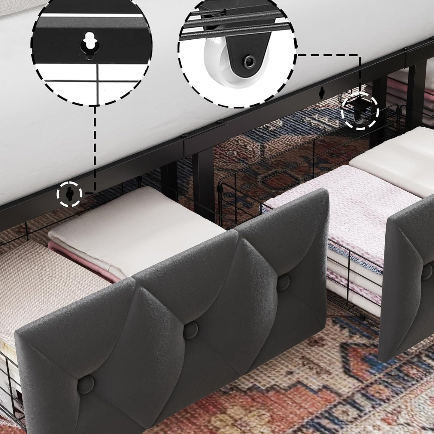 Keyluv Queen Upholstered Canopy Bed Frame with 2 Drawer and Button Tufted Headboard Metal Platform Bed with 4 Removable Posts Two-Purpose Velvet Bed No Box Spring Needed Dark Grey/Curtain Not Included